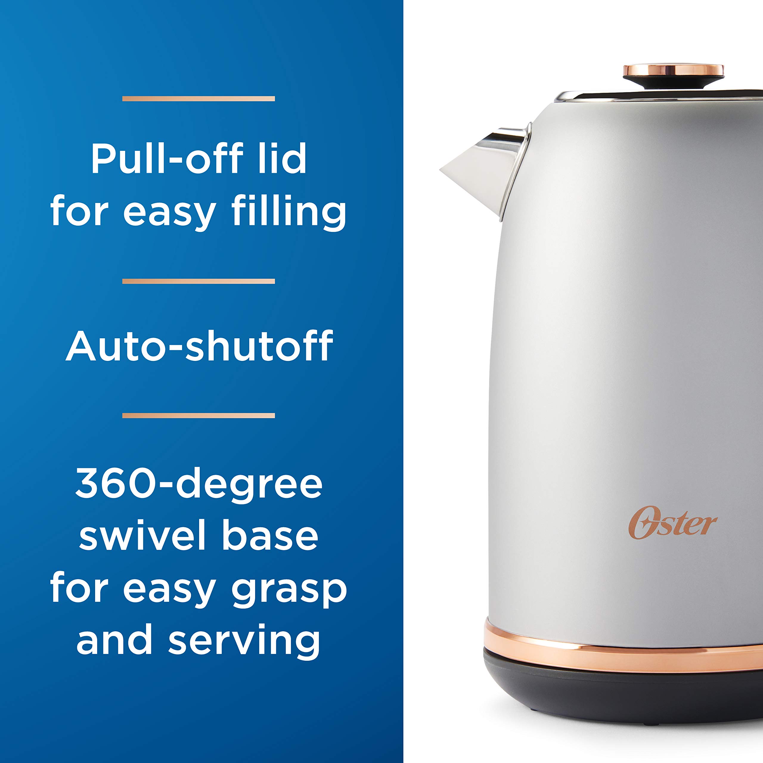 Oster 2097736 Electric Kettle - 1.7L Stainless Steel Fast Boiling Water Heater with Rose Gold Accents, Auto Shut-Off & Boil-Dry Protection - Perfect for Tea, Coffee & Instant Meals in Home, Office or Dorm