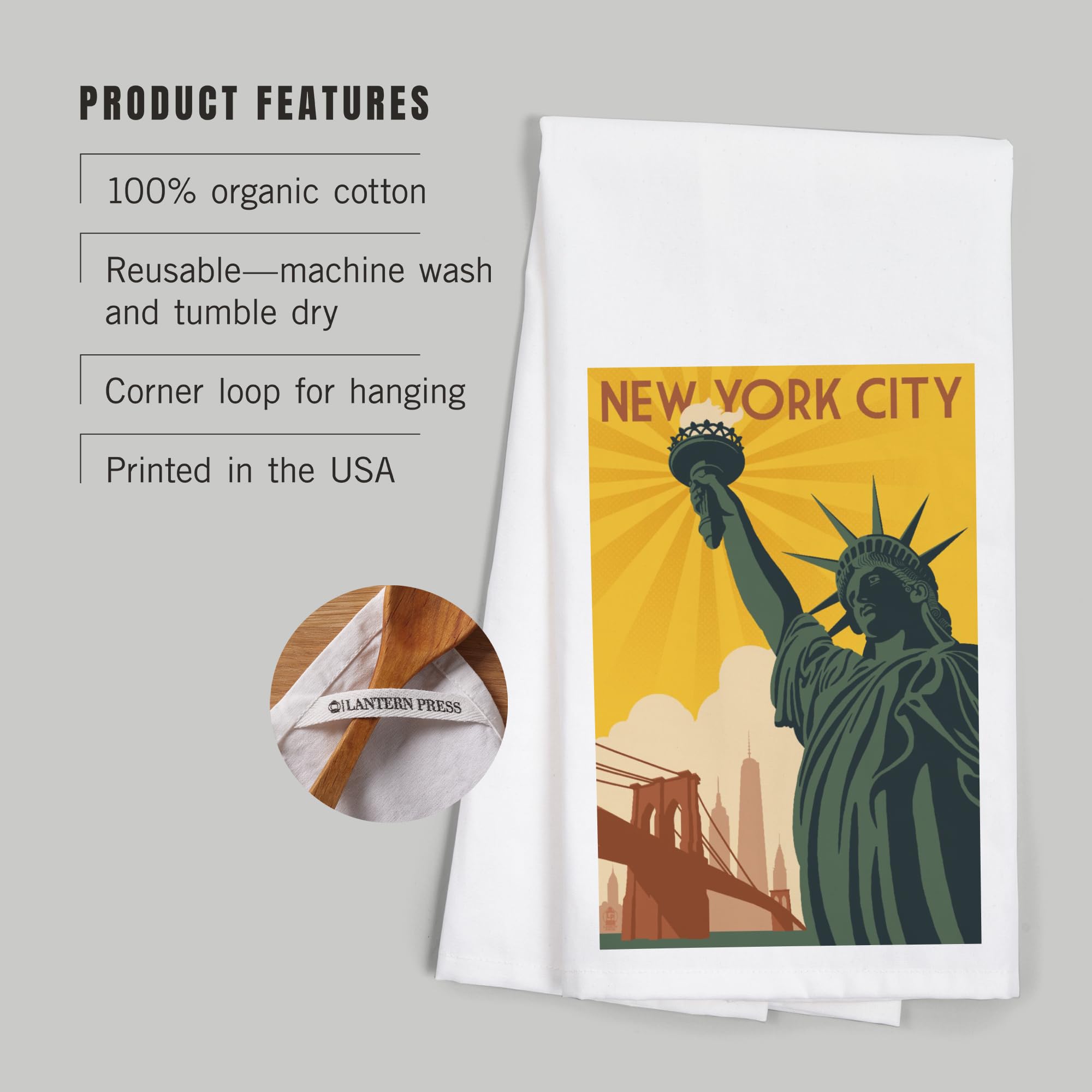 Lantern Press New York Cotton Tea Towel - Statue of Liberty & Bridge Design | 100% Cotton Decorative Hand Towel for Kitchen, Bathroom & Home Decor | Perfect Gift for Housewarming & American Theme Parties