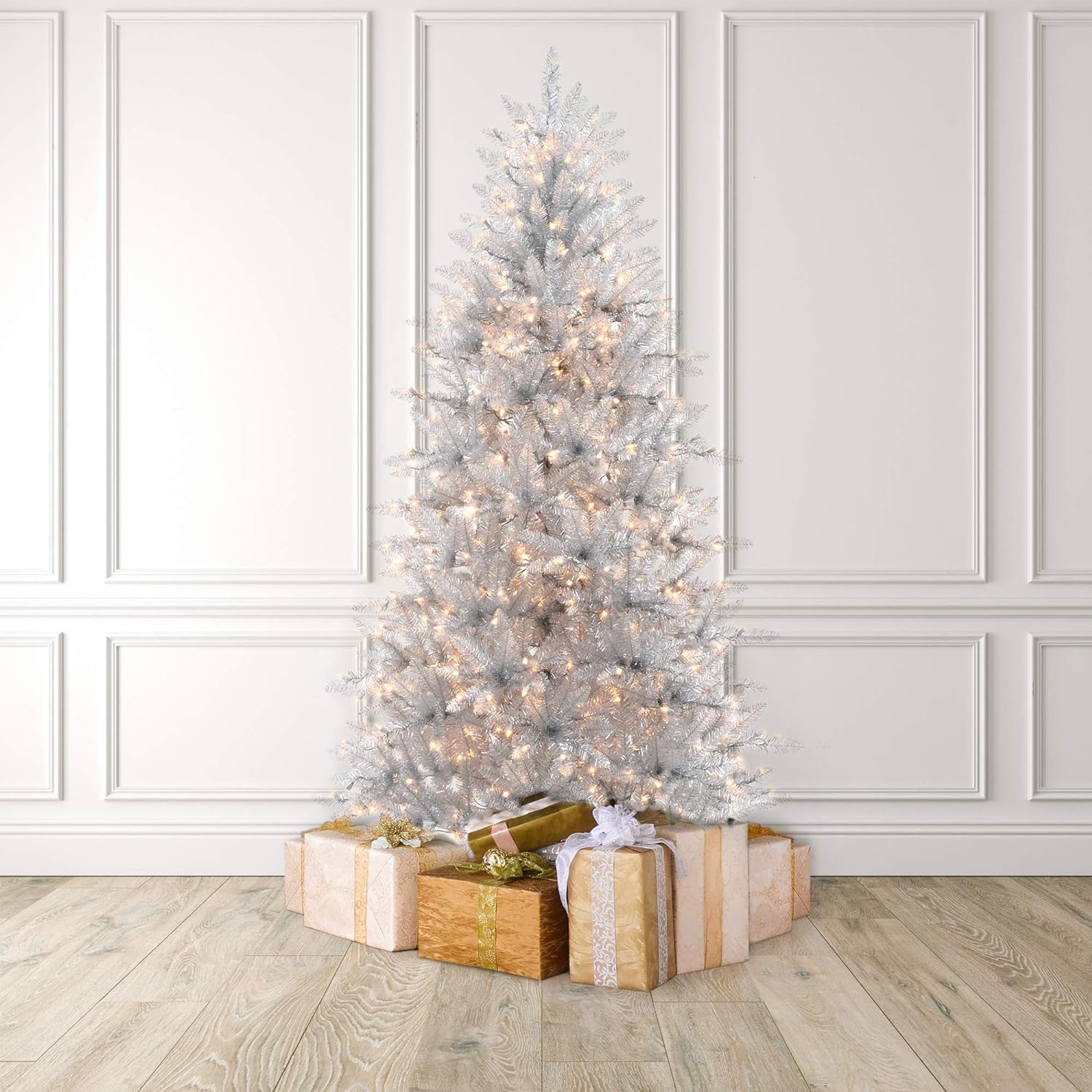 Martha Stewart 7 ft Pre-Lit Artificial Christmas Tree with Silver/Clear Lights - Holiday Decor for Living Room, Office & Party Decoration