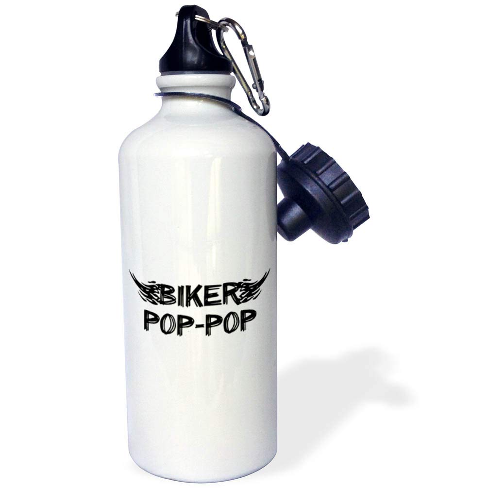 3D Rose Funny Biker Pop-Pop Grunge Word Art Sports Water Bottle - 21 oz, White - Perfect for Motorcycle Riders, Gym, Outdoor Activities & Gifts
