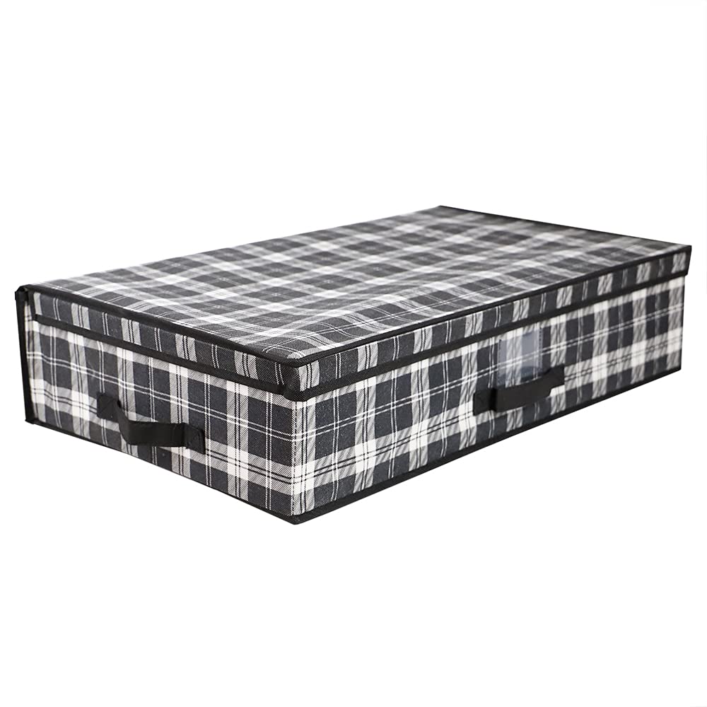 Breathable Non-Woven Fabric Under Bed Storage Box with Label Window | White Black & Grey Plaid Design | Sturdy Fiberboard Construction for Home Organization | Perfect for Seasonal Clothes, Blankets & Bedding Storage