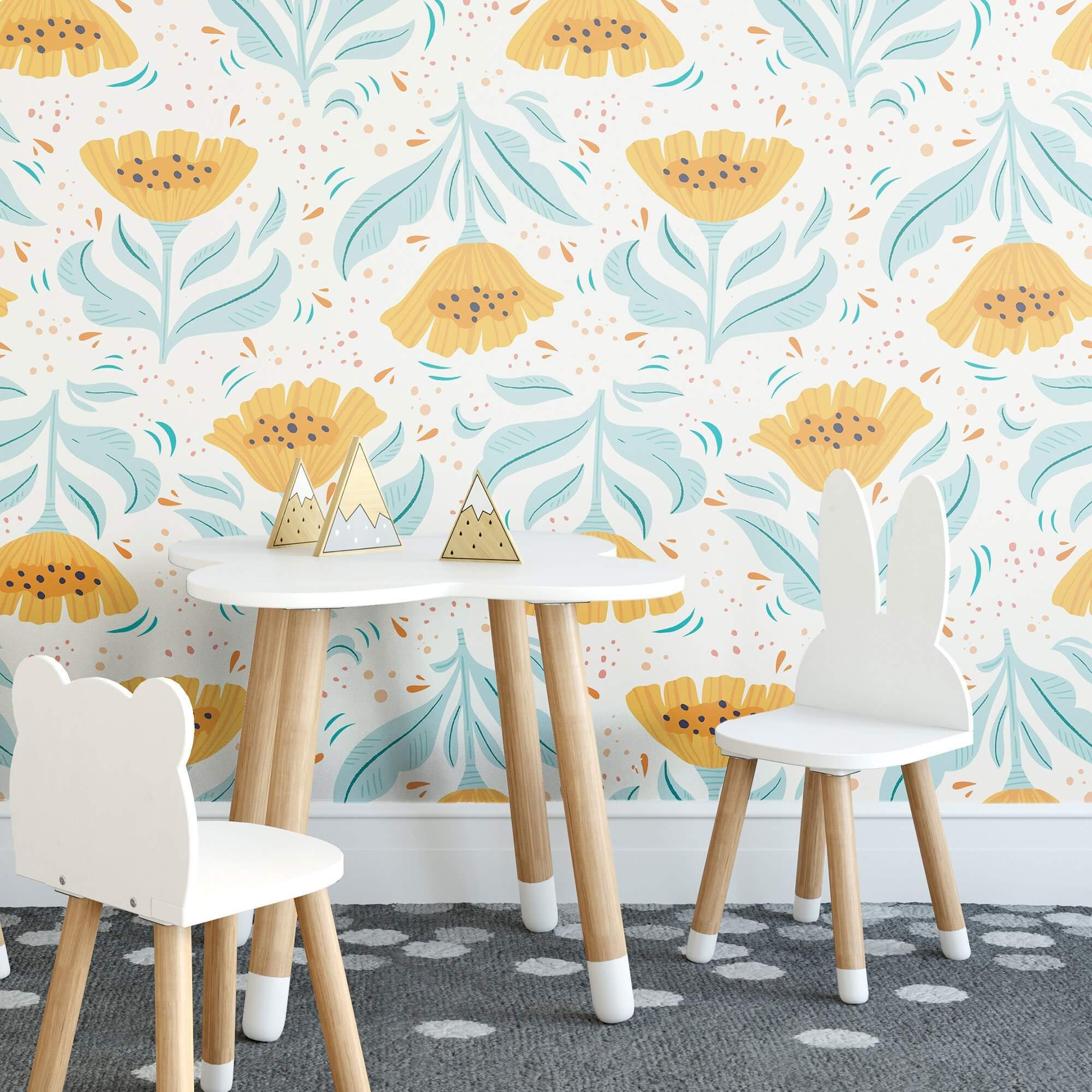 Yellow Botanical Floral Peel and Stick Removable Wallpaper 0880 - Self-Adhesive Wall Decor for Bedroom, Living Room & Nursery - Easy DIY Home Renovation