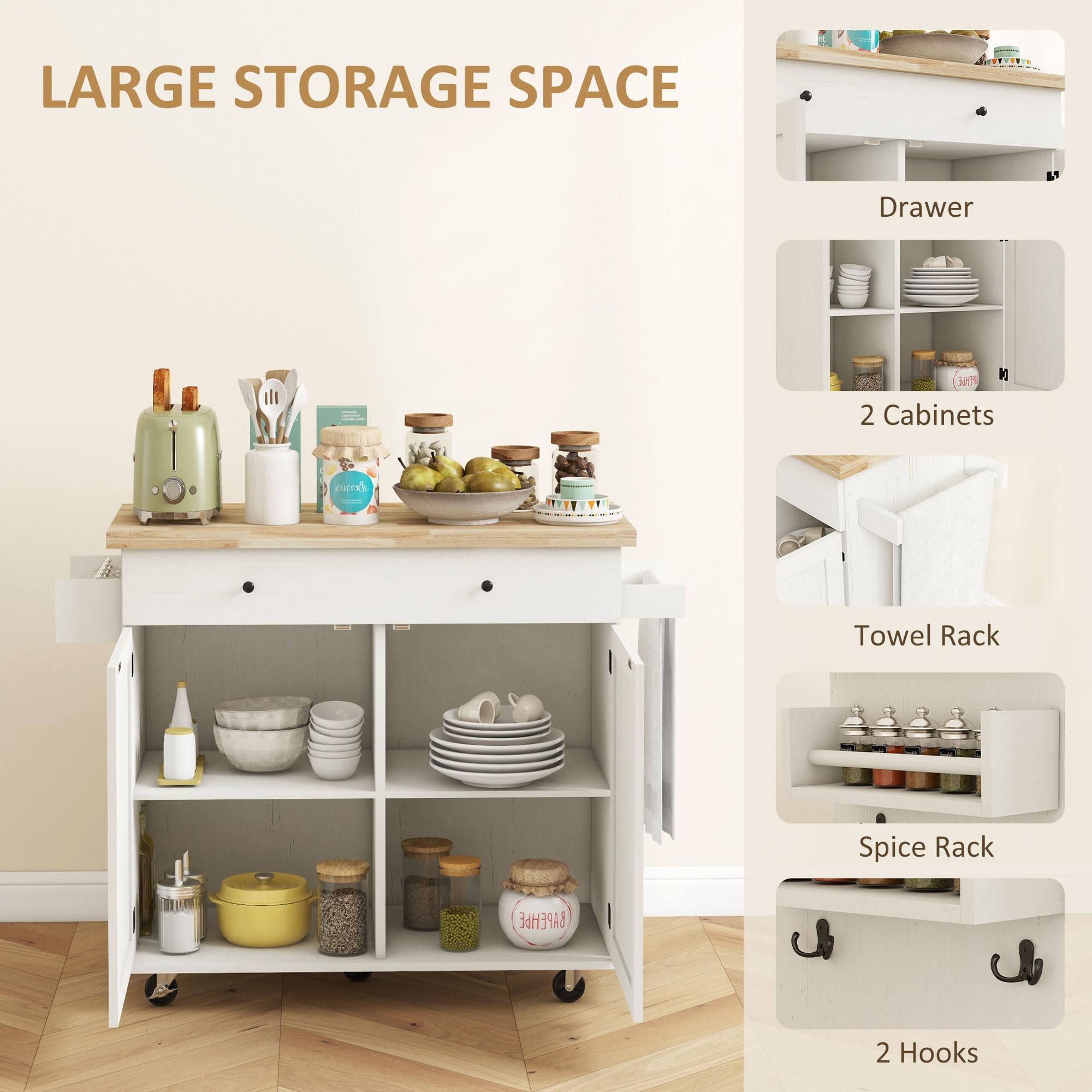 Farmhouse Style Rolling Kitchen Island Cart with Storage - White Distressed Rubberwood Top, 2 Cabinets, Drawer & Spice Rack | Mobile Kitchen Organizer with Towel Racks & Hooks for Small Spaces, Apartment Cooking & Dining Room Serving