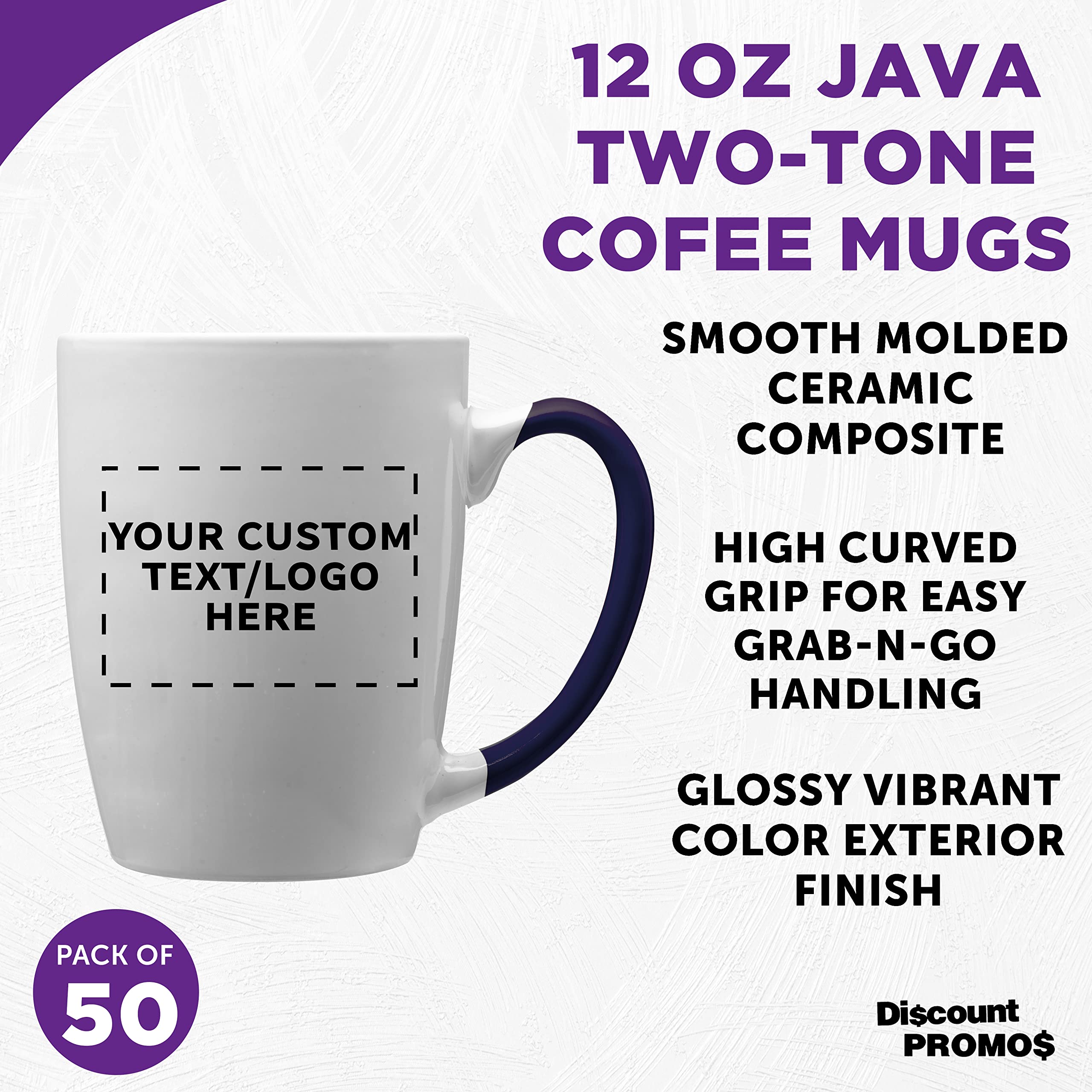 Custom Java Two-Tone Coffee Mugs 12 oz Bulk Set of 50 - Personalized Coffee Cups for Office, Restaurant & Events - Great for Coffee, Tea, Hot Chocolate & Beverages - Cobalt Blue Ceramic Mugs