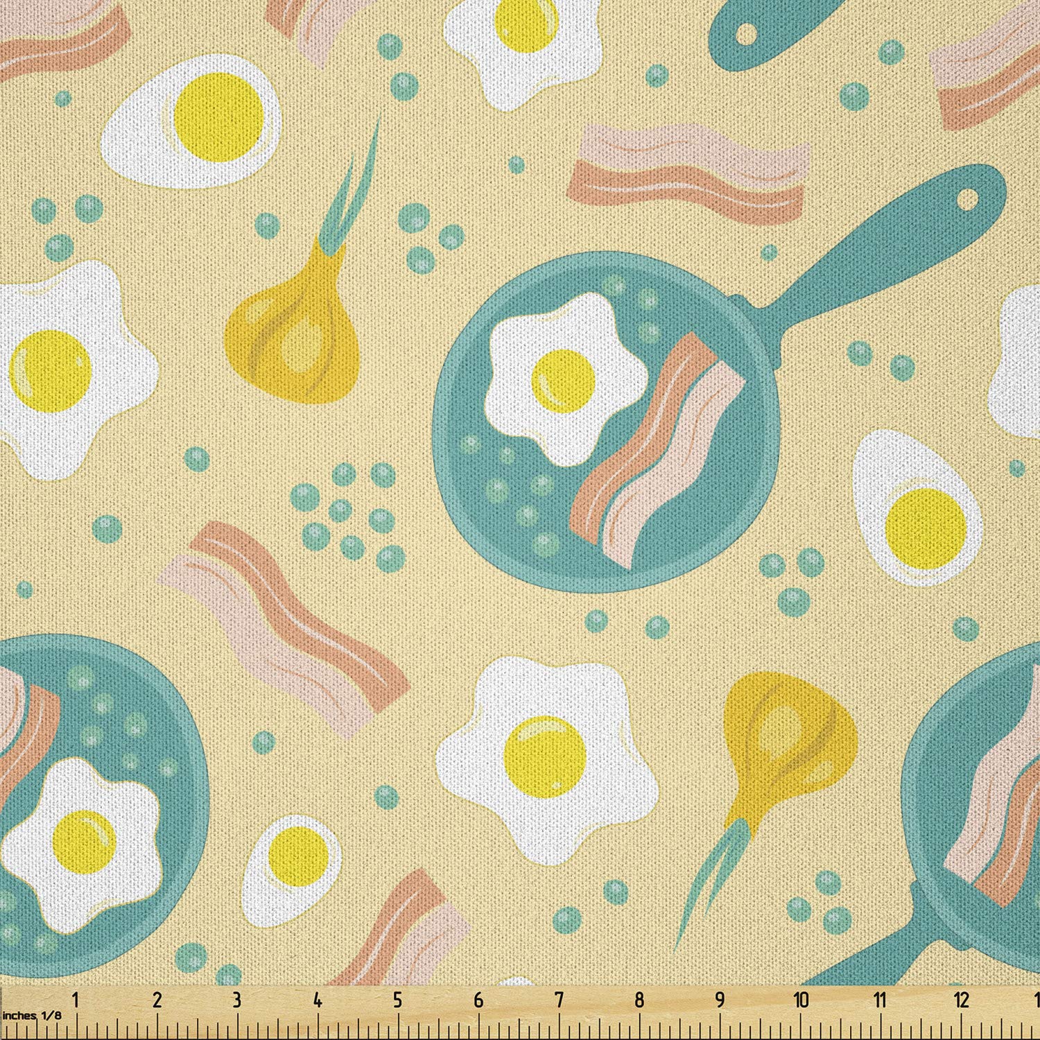 Ambesonne Bacon Fabric by The Yard - Breakfast Themed Microfiber Material with Bacon, Egg Yolk, Pan, Onion & Beans Design for DIY Crafts, Quilting & Home Decor | Perfect for Kitchen Curtains, Table Runners & Craft Projects