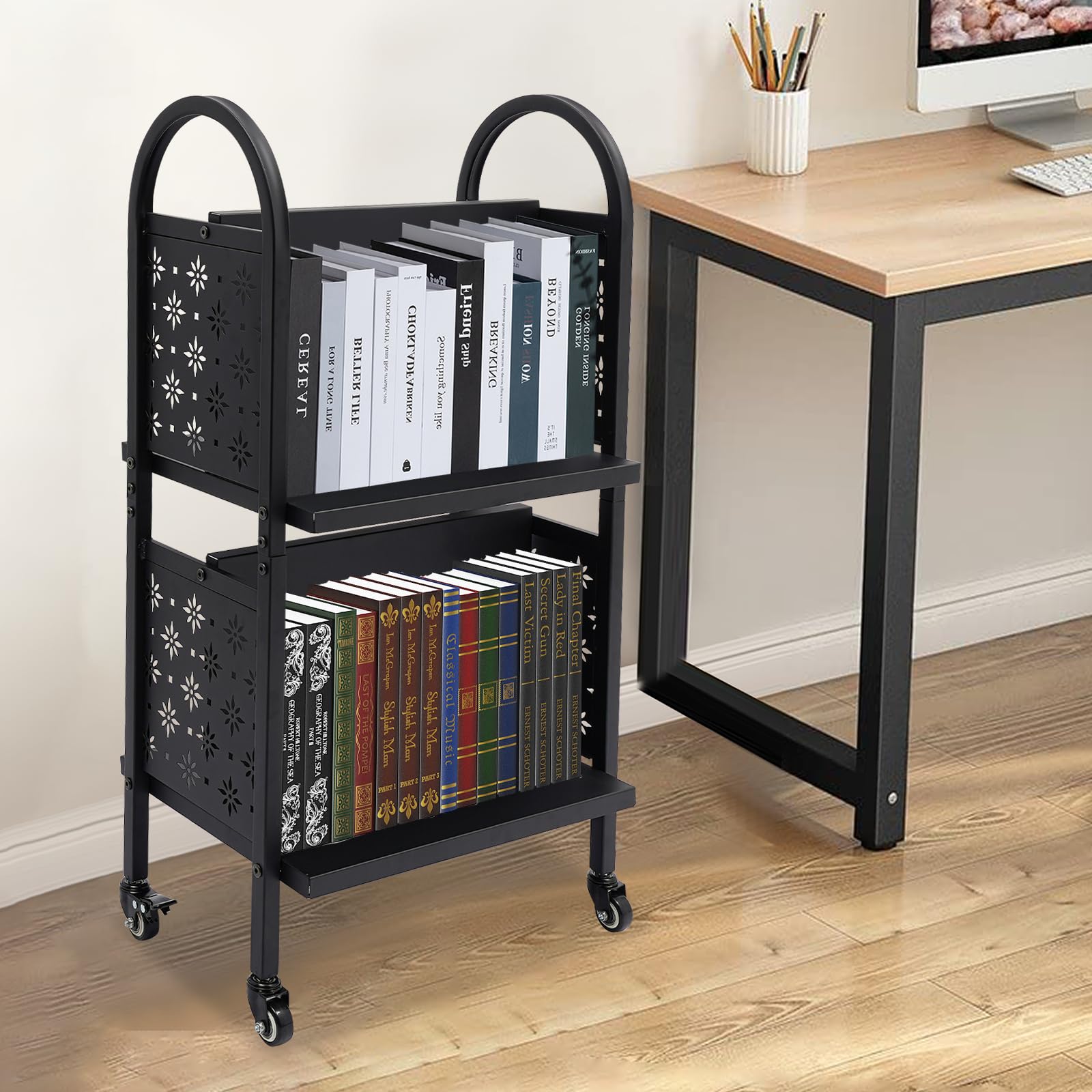 Heavy Duty Rolling Library Book Cart with 4 Lockable Wheels - 34