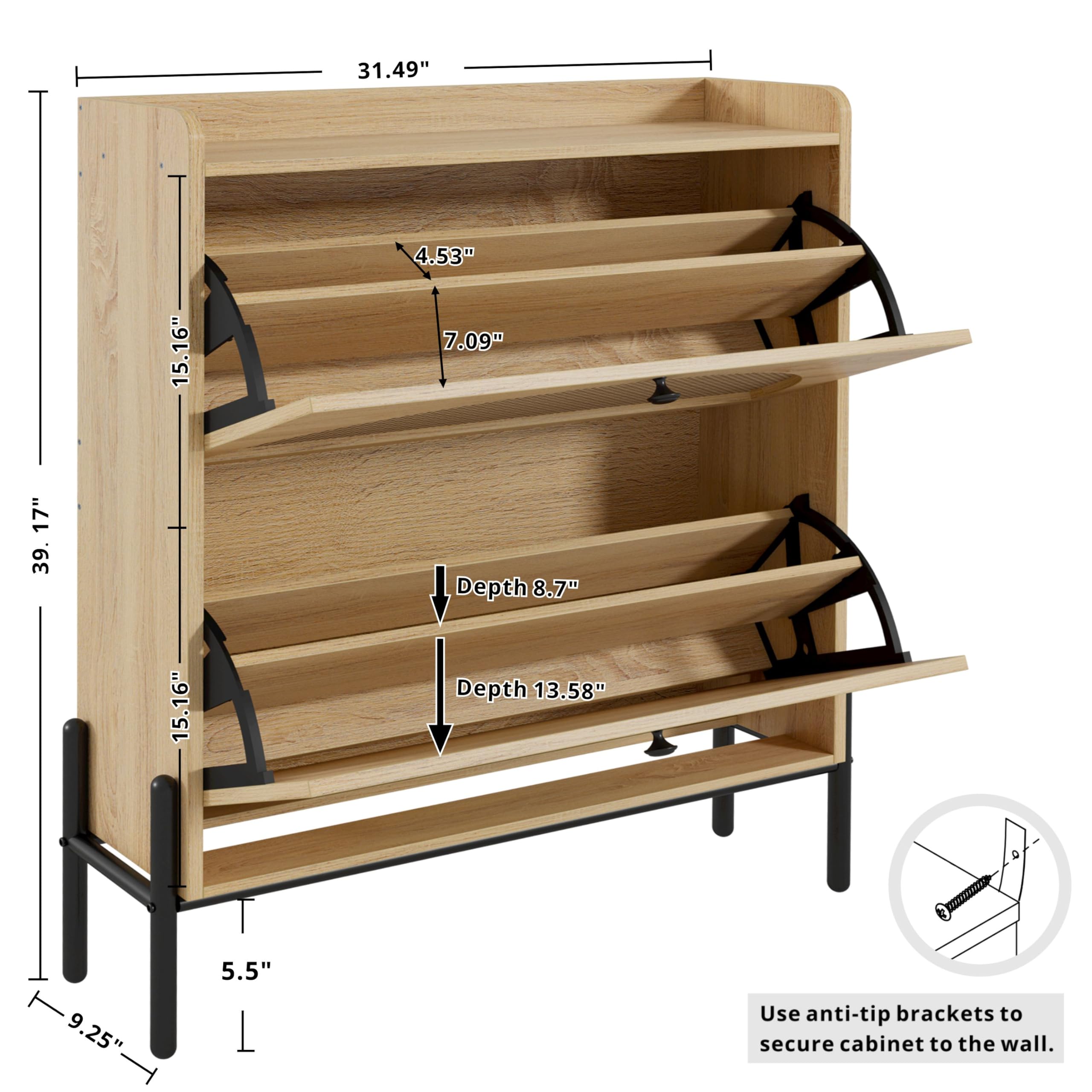 IRONCK 2-Tier Flip Drawer Shoe Cabinet - Free Standing Wooden Shoe Storage Organizer with Rattan Doors - Narrow Entryway Shoe Rack for Hallway, Bedroom, or Closet - Oak Finish (Space Saving Shoe Organizer)