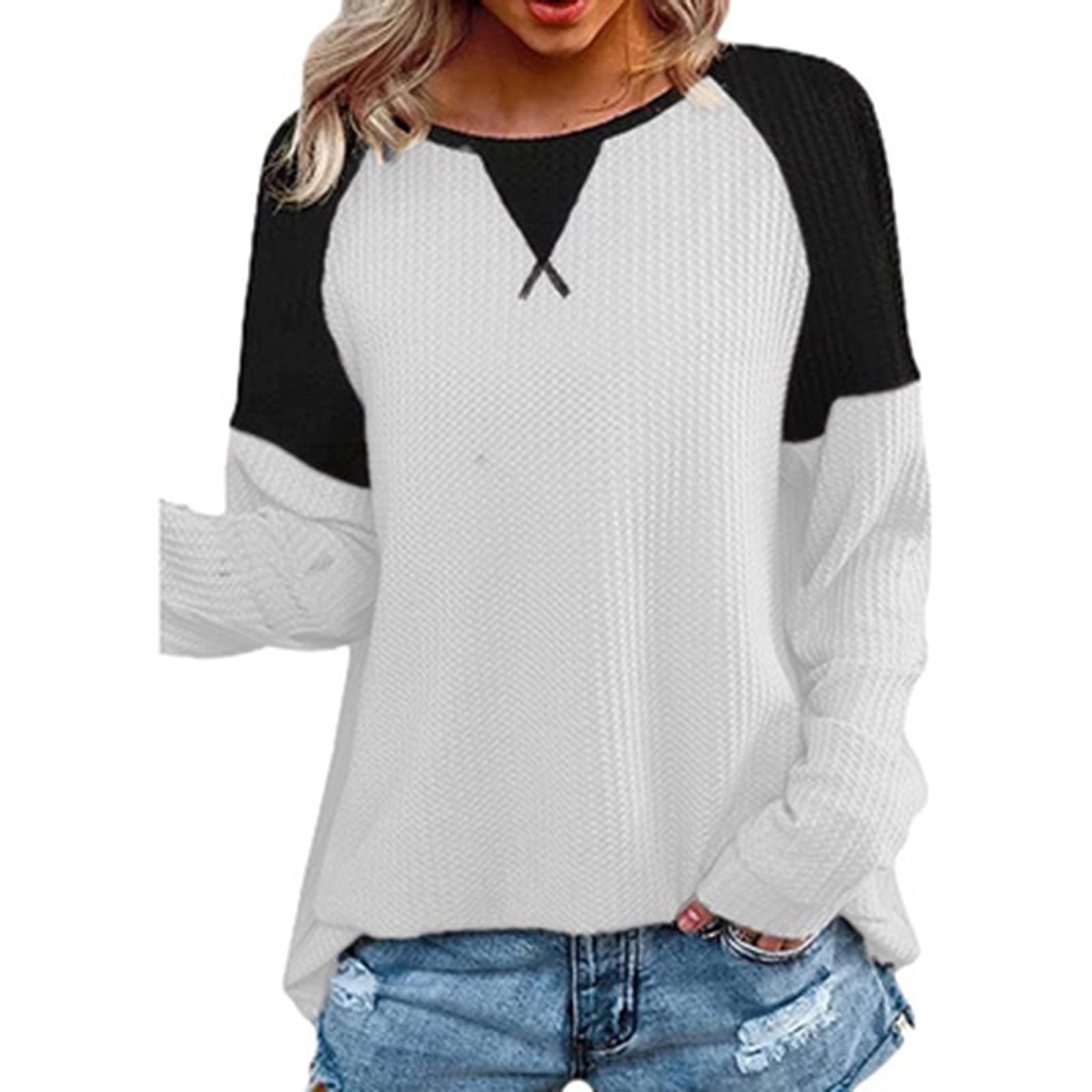 Women's Casual Waffle Knit Tunic Top - Color Block Stitching Pullover, Loose Fit Crew Neck Long Sleeve Sweatshirt | Perfect for Layering, Fall Outfits & Cozy Loungewear