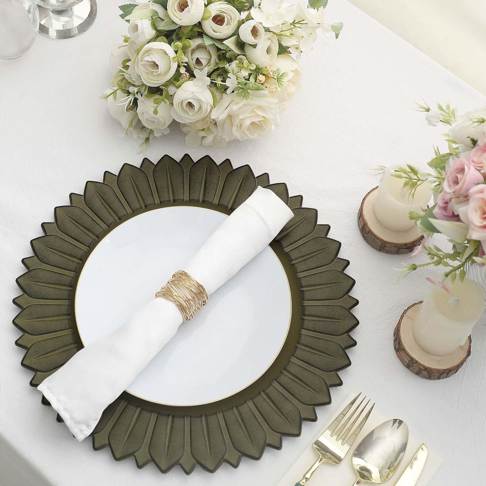 Efavormart 6 Pack 13 Inch Matte Olive Green Sunflower Plastic Charger Plates - Disposable Round Serving Trays for Weddings, Parties, and Events - Elegant Dinnerware for Home Decor and Special Occasions