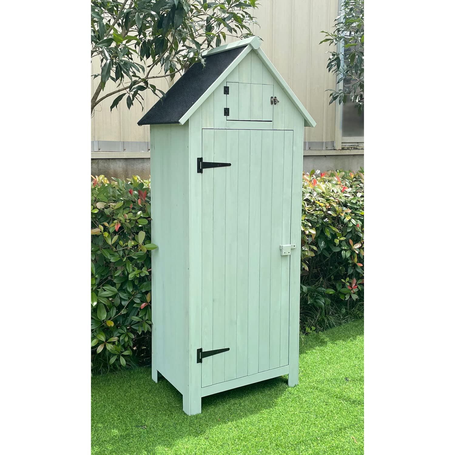 Hanover 8.7 cu. ft. Outdoor Storage Shed with Shelves & Lock - Vertical Wooden Garden Shed for Tools, Equipment & Supplies - Waterproof Fir Wood Shed in Mint Green - Perfect for Backyard, Patio & Garage Organization