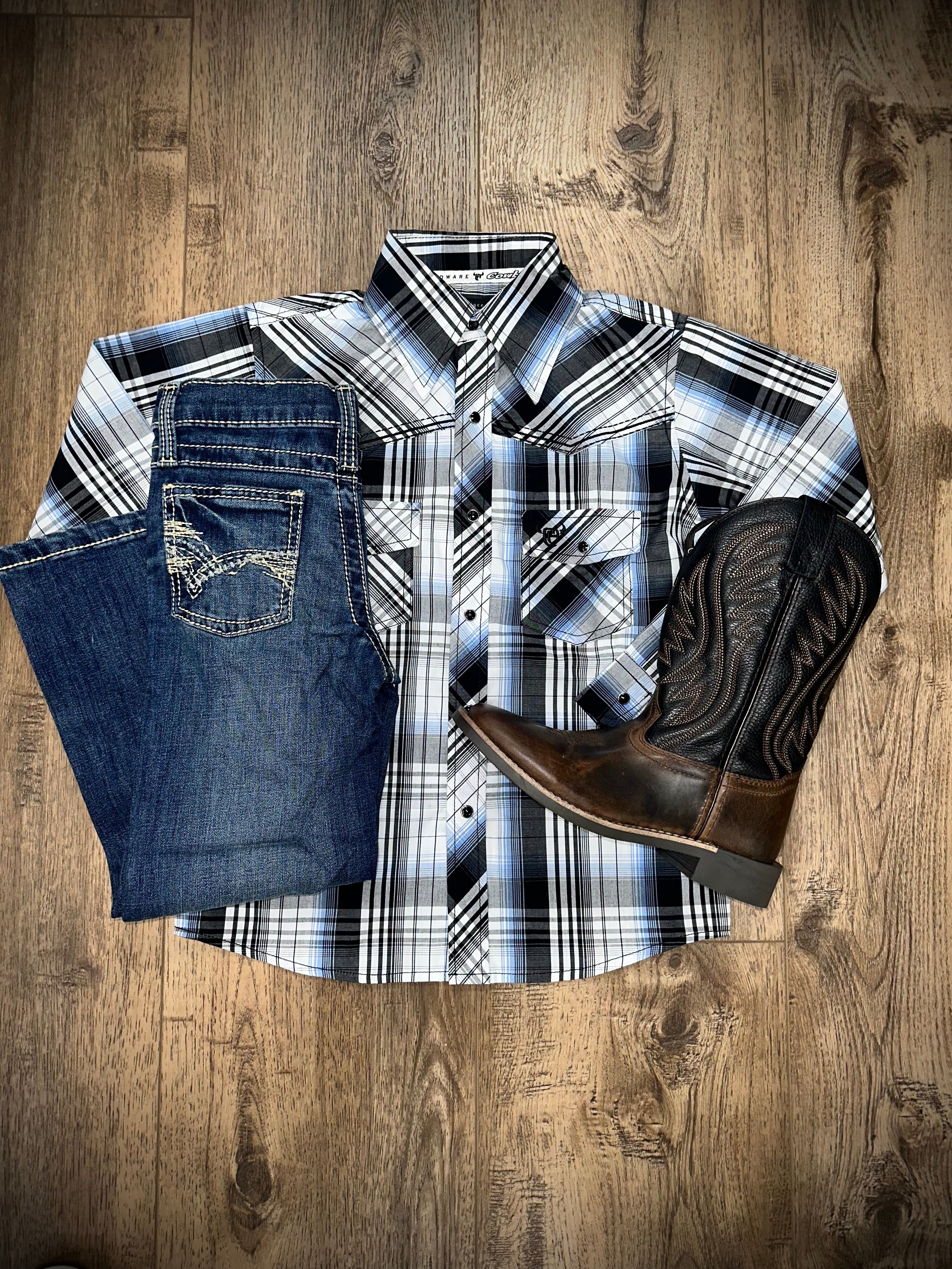 CH Boys Long Sleeve Snap Shirt - Black & Blue - Casual Wear for School, Playdates, and Everyday Outfits