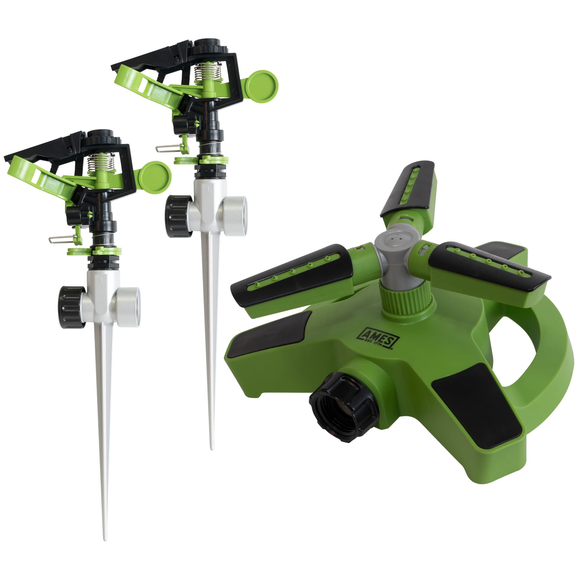 AMES 3-Piece Sprinkler Set with 2 Pulsating Spike & 1 3-Arm Rotating Sprinkler - 360° Adjustable Lawn Watering System for Garden, Yard | Easy Hose Connection | Perfect for Grass, Flower Beds & Landscaping