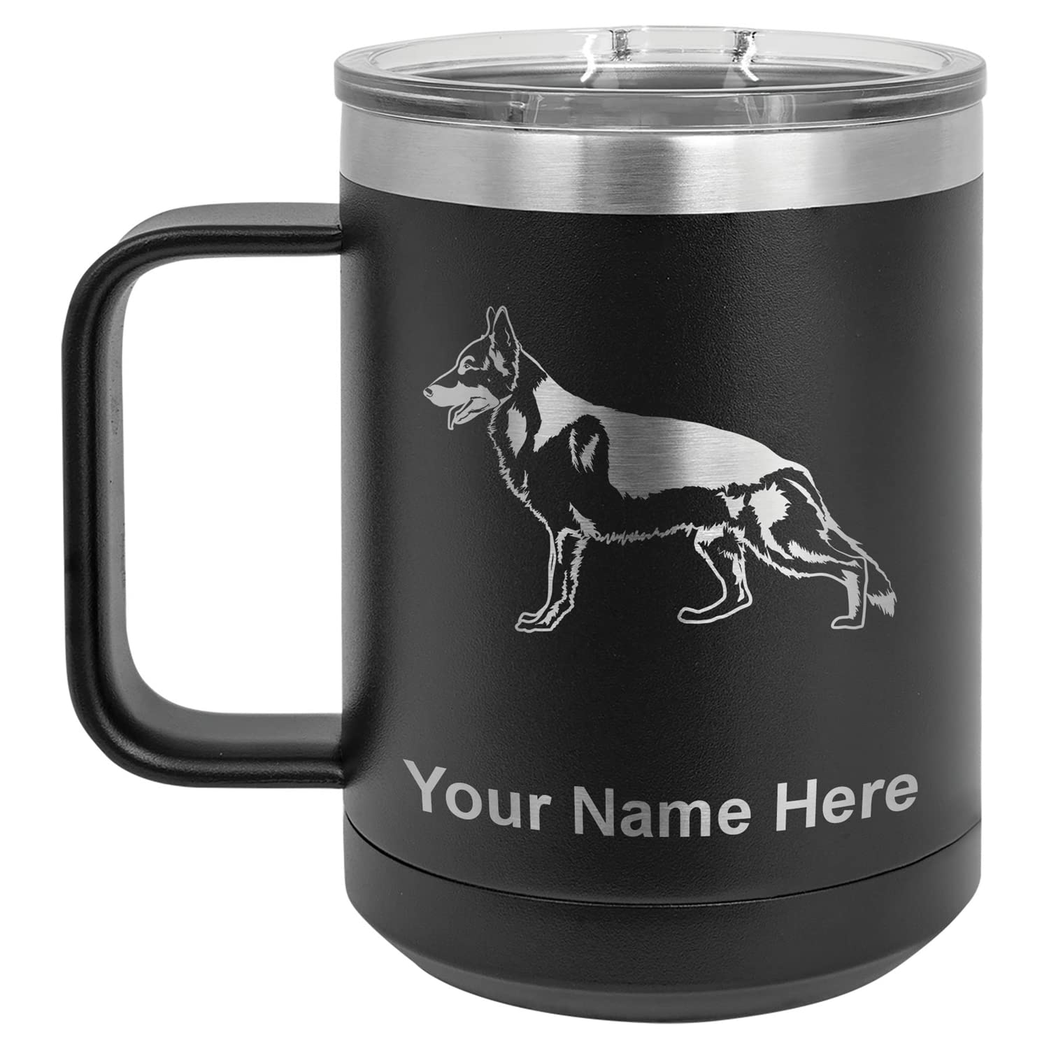 LaserGram 15oz Vacuum Insulated Stainless Steel Coffee Mug with German Shepherd Design - Personalized Engraved Travel Tumbler for Hot & Cold Drinks - Perfect for Office, Camping & Outdoor Activities (Black)