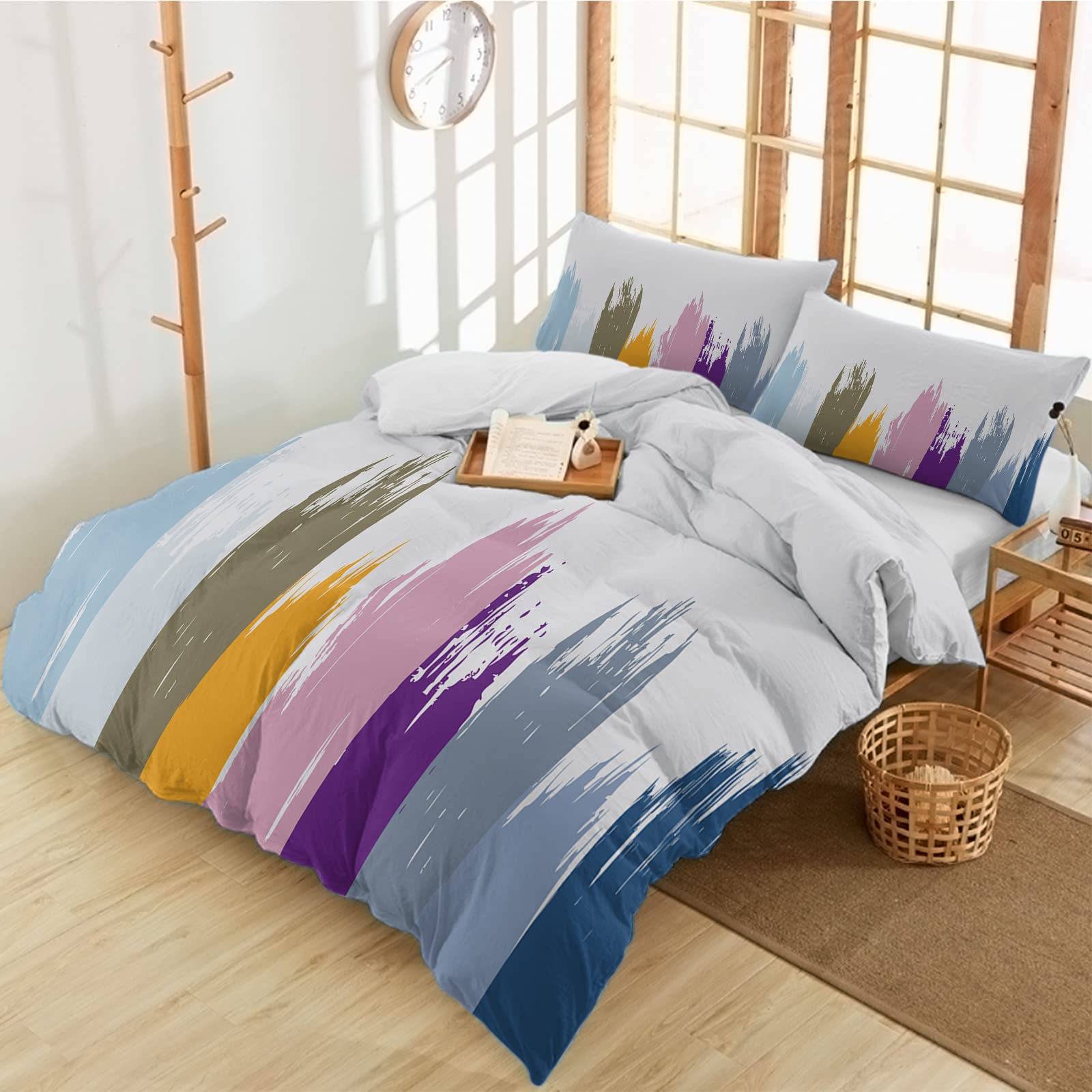 Queener Home Twin Duvet Cover Set - 3 Piece Geometric Paint Brush Design, Soft Luxury Printed Comforter Cover with 2 Pillow Shams - Abstract Line Art Bedding for Modern Bedroom Decor | Perfect for Guest Rooms, Kids' Rooms & Contemporary Home Styling