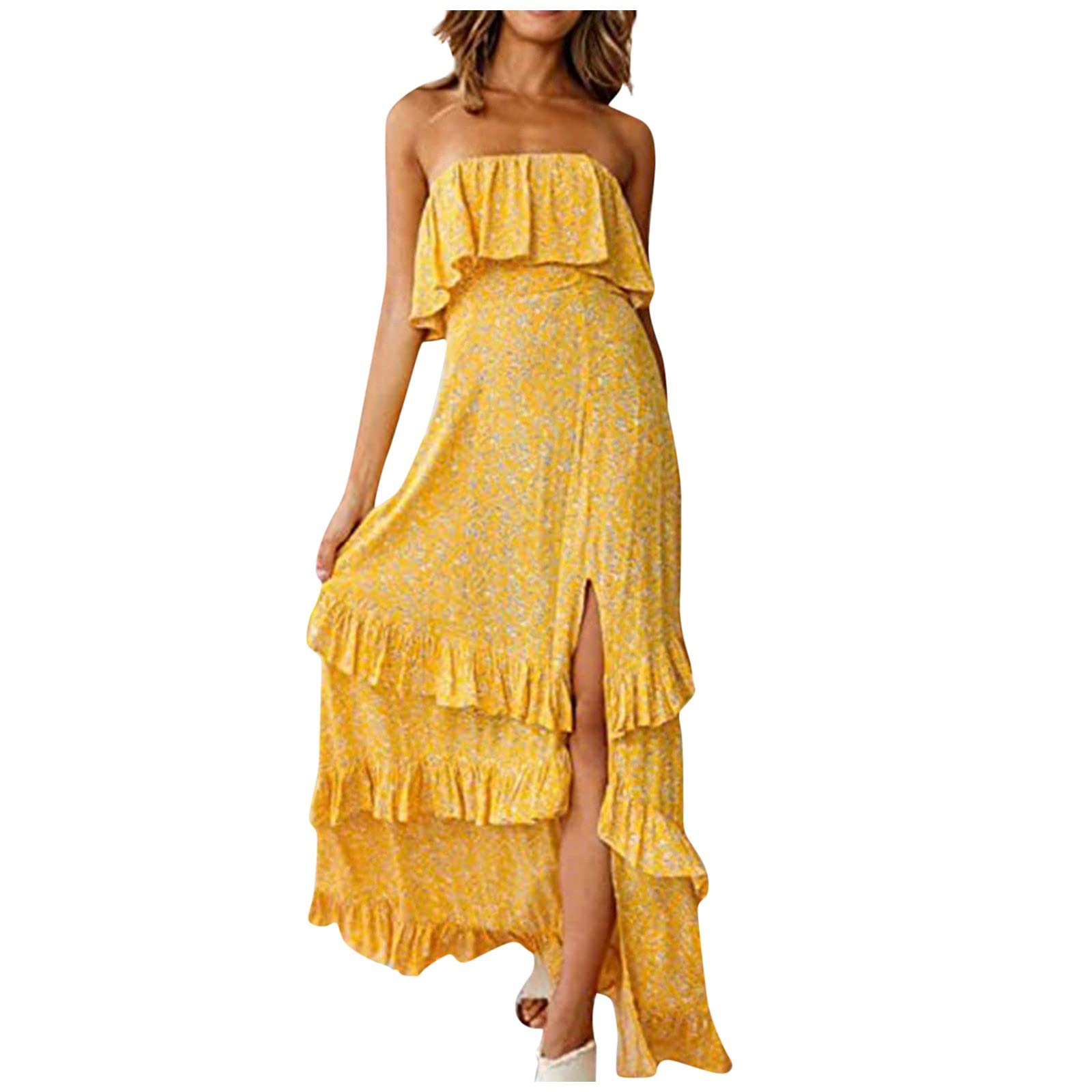 Mebamook Women's Summer Cocktail Dress - Floral Print Tube Top Wrap Dress with High Waist, Ruffle Hem & Thigh Slit | Perfect for Parties, Date Nights & Special Occasions