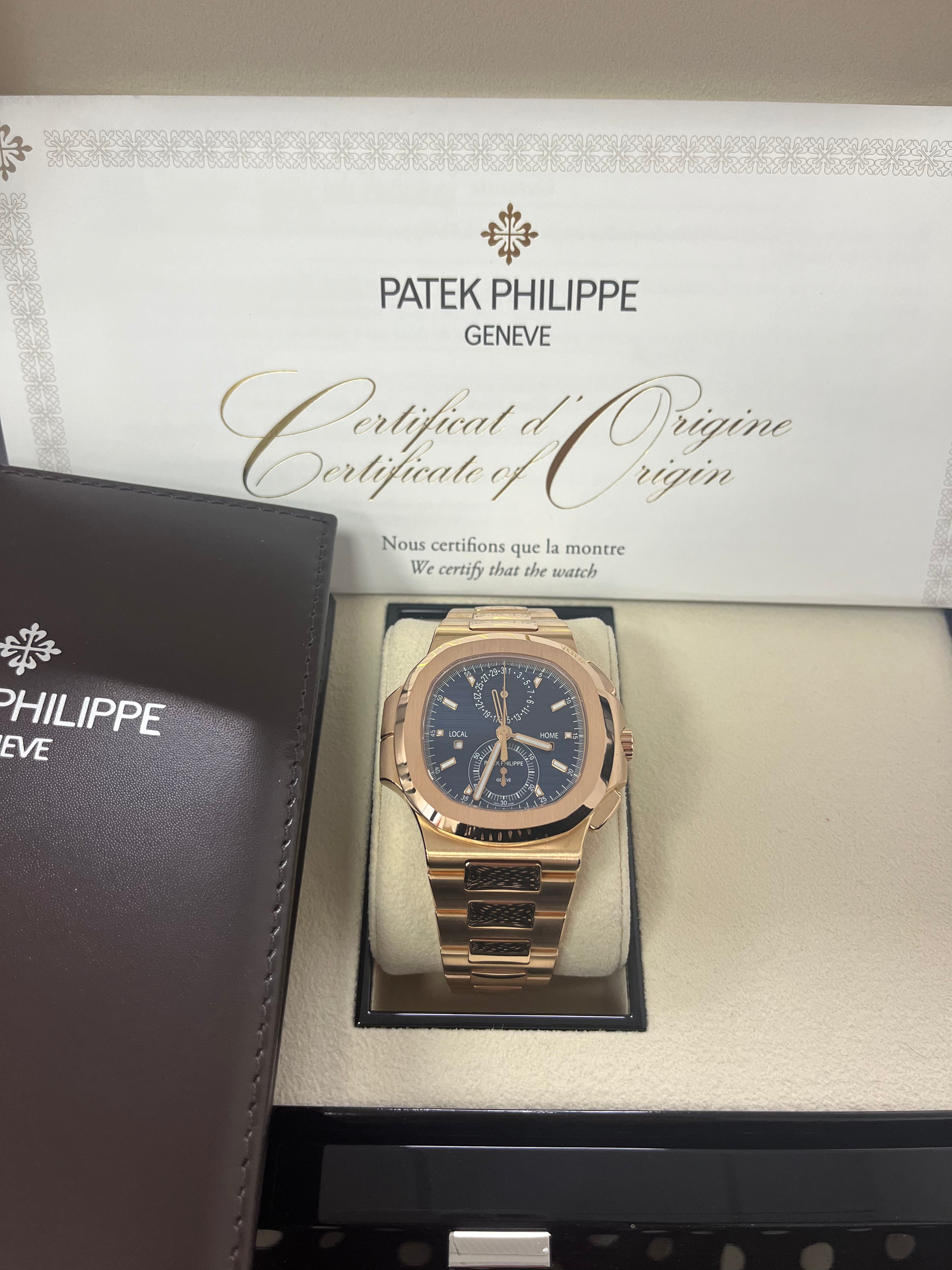 Patek Philippe Nautilus 5990/1R 001 Rose Gold Travel Time Chronograph Watch - Luxury Men's Automatic Timepiece for Business Travel & Formal Occasions