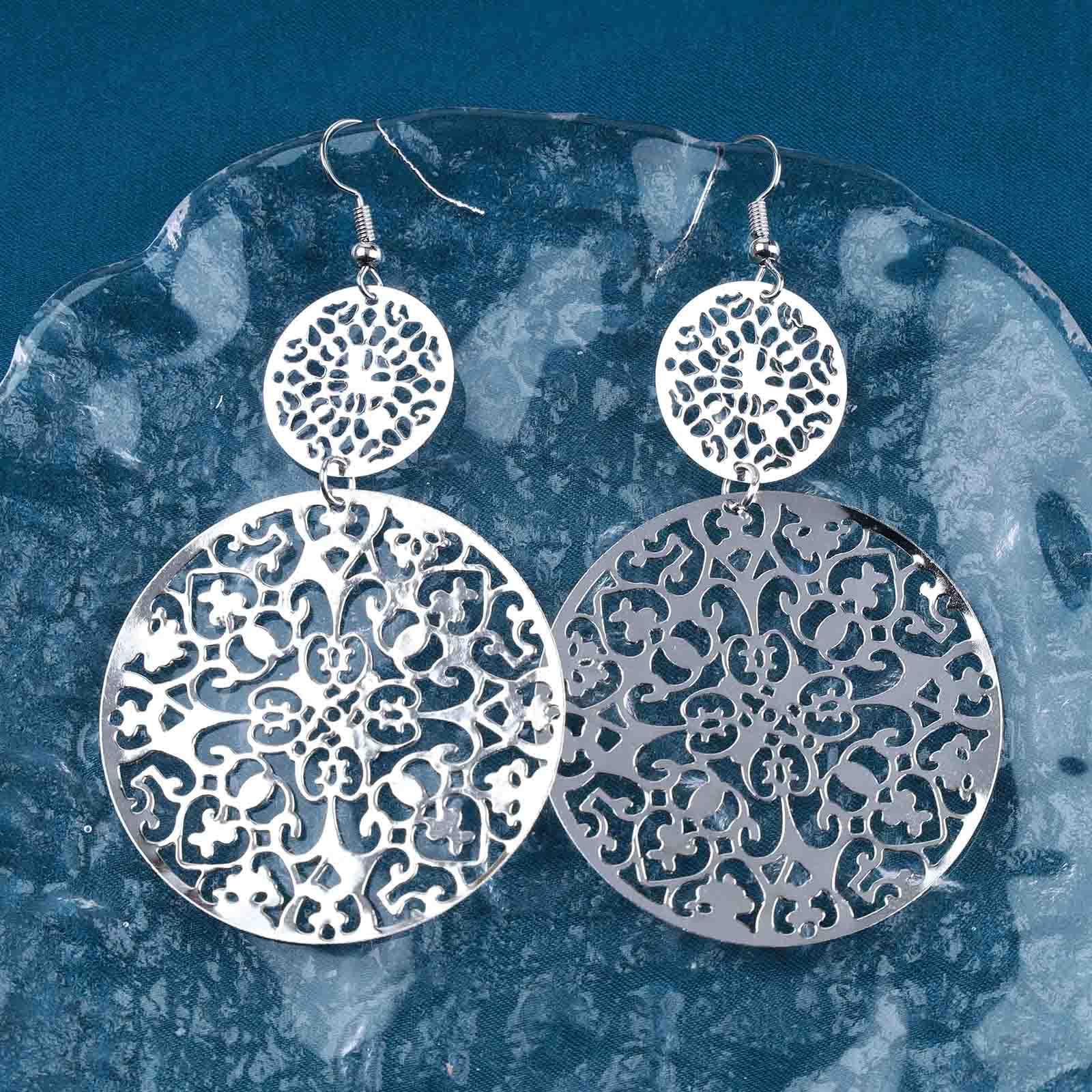 Yienate Filigree Hollow Disc Dangle Drop Earrings - Boho Gold Ethnic Carved Flower Double Round Statement Hook Earrings for Women | Wedding, Bridesmaid, Party & Everyday Boho Jewelry