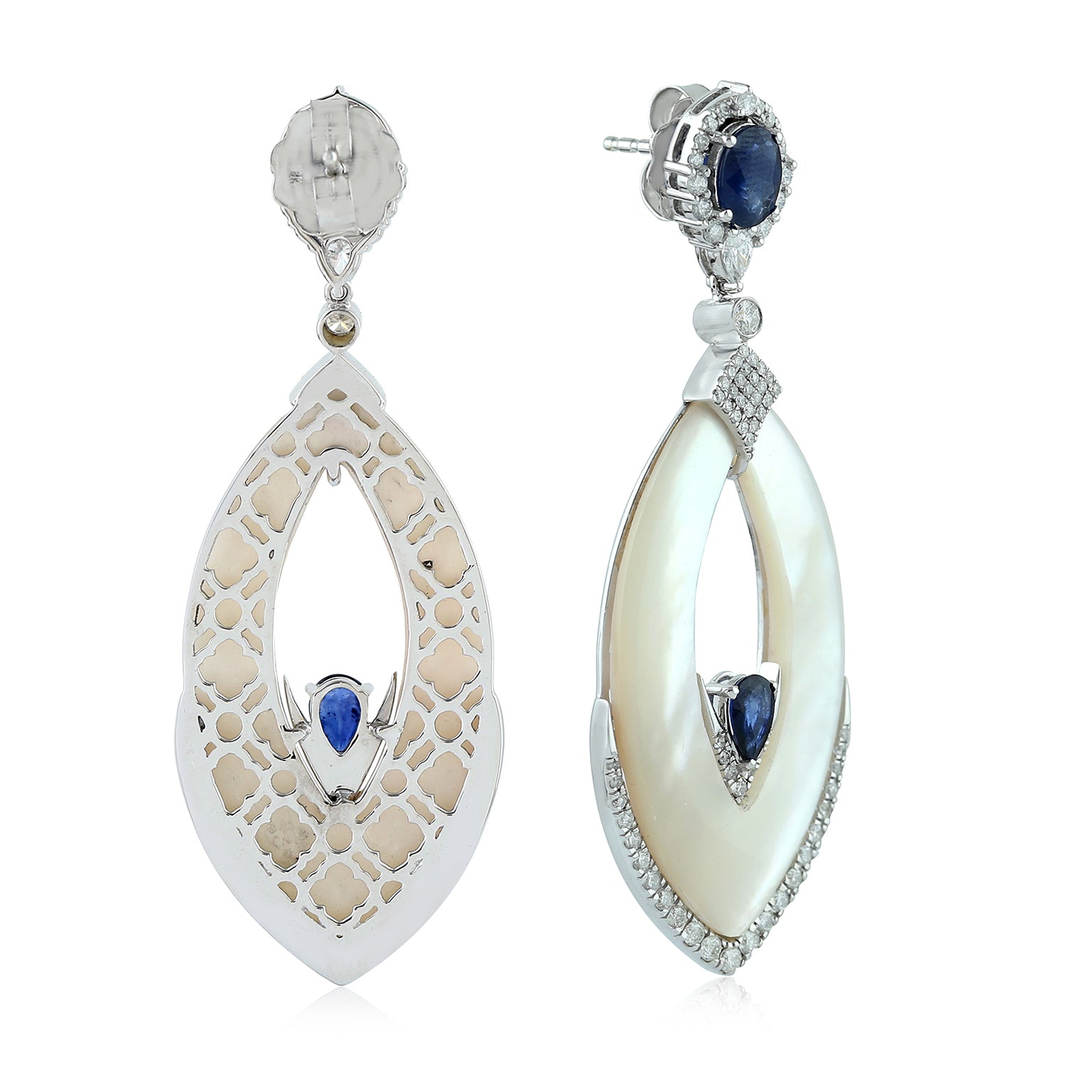 18K White Gold Marquise Dangler Earrings with Blue Sapphire & Pave Diamonds - Elegant Wedding & Evening Party Jewelry