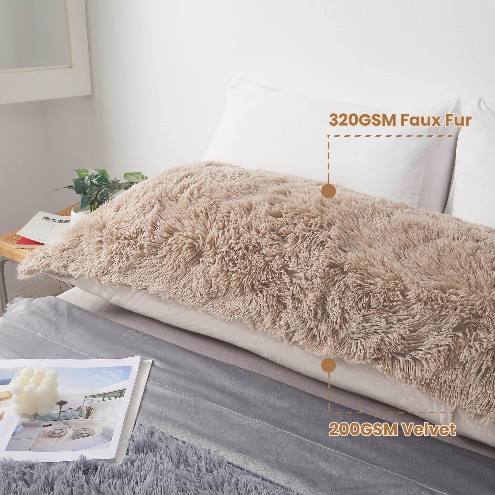 Fluffy Body Pillow Cover 20x54 Inches - Soft Shaggy Faux Fur Pillow Case with Zipper - Cozy Plush Bed Pillow Cover for Adults, Pregnant Women & Side Sleepers - Perfect for Home Decor, Nursery, Bedroom & Relaxation (Khaki)