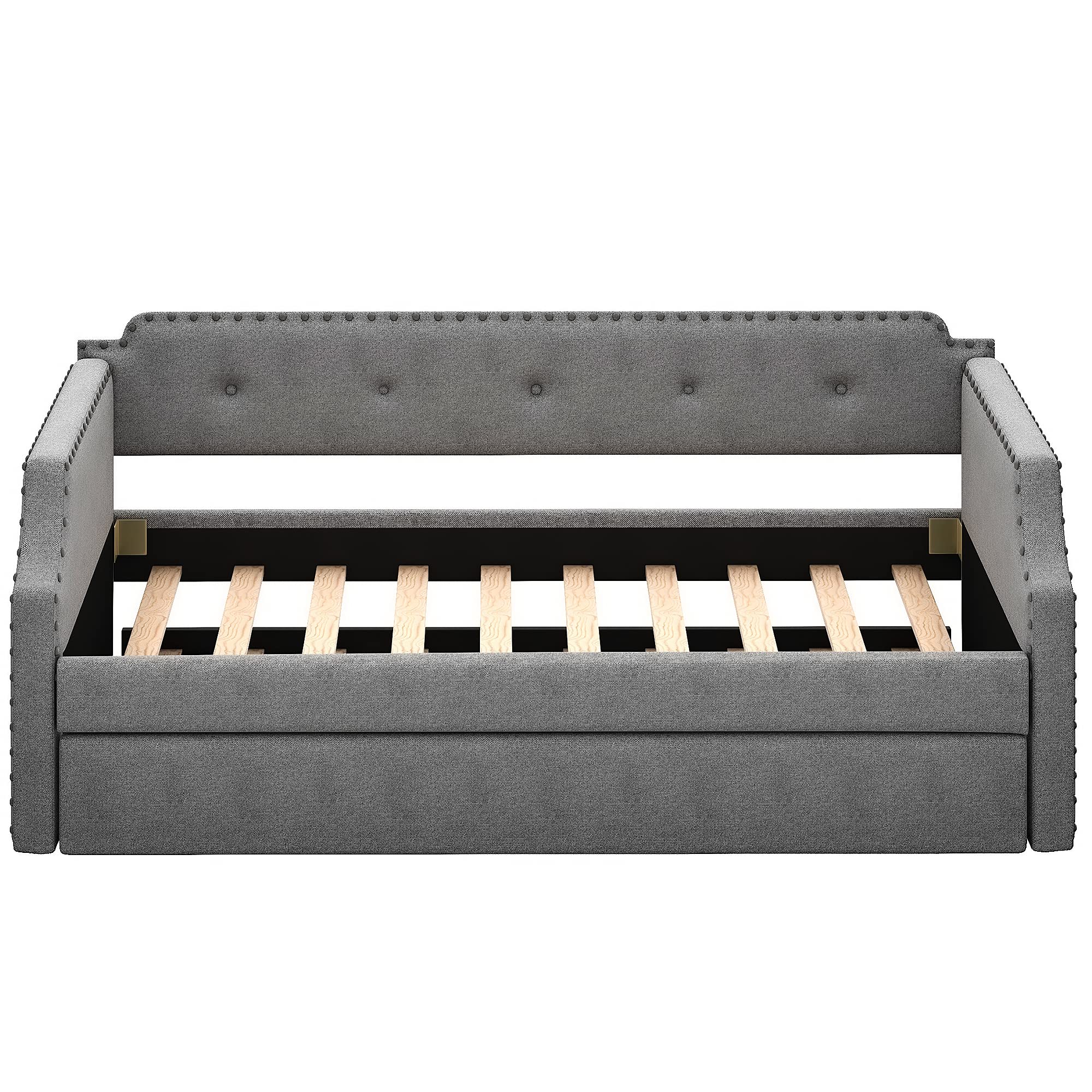 Twin Bed with Trundle - Upholstered Wood Daybed Frame, No Box Spring Needed, Grey - Perfect for Guest Rooms, Kids Rooms & Small Spaces