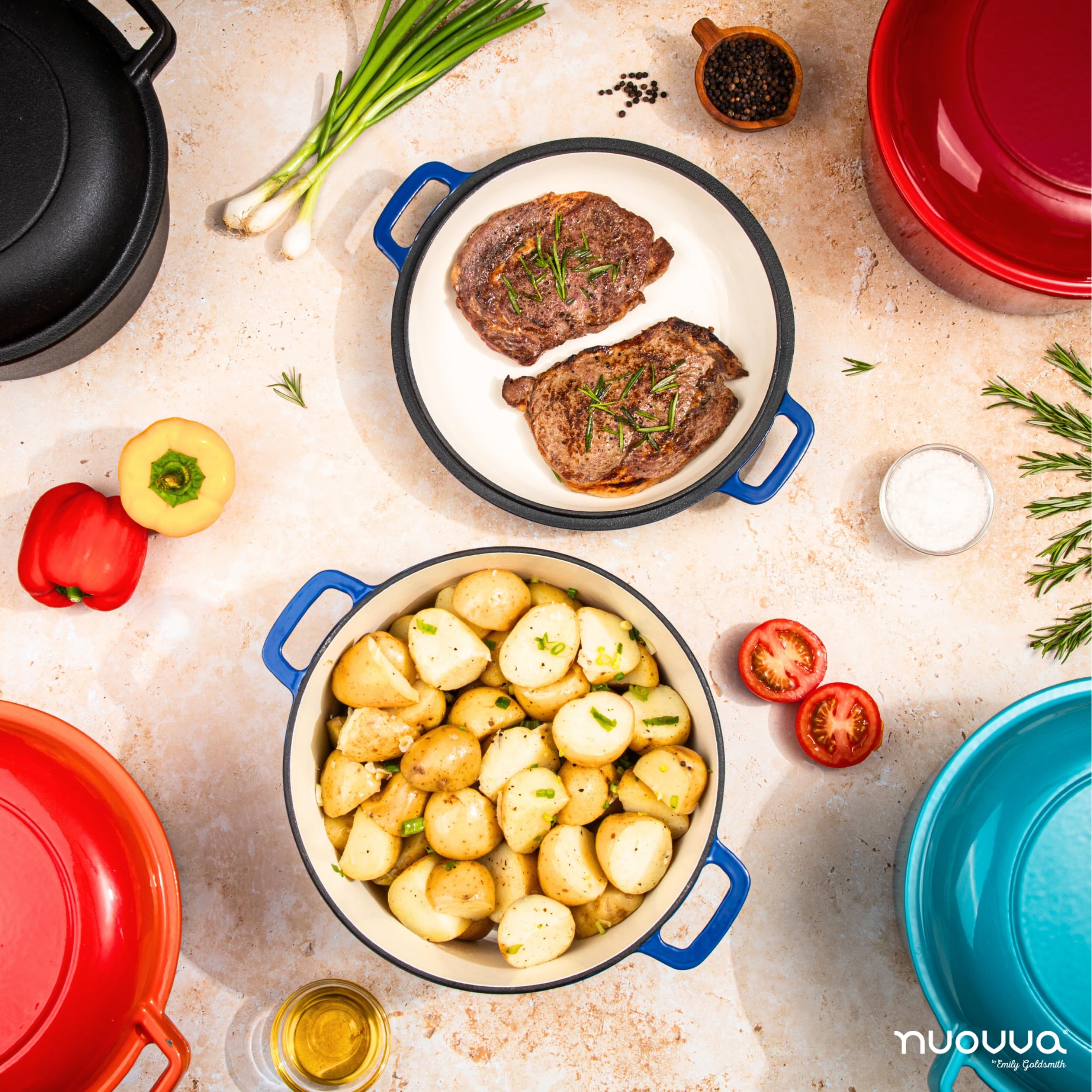 Premium Enameled Cast Iron Dutch Oven with Lid - 5 Quart (26cm) Casserole Pot & Skillet 2-in-1 Cookware Set - Durable Dark Blue Enamel Coating - Perfect for Braising, Stewing, Baking & Camping - by Nuovva