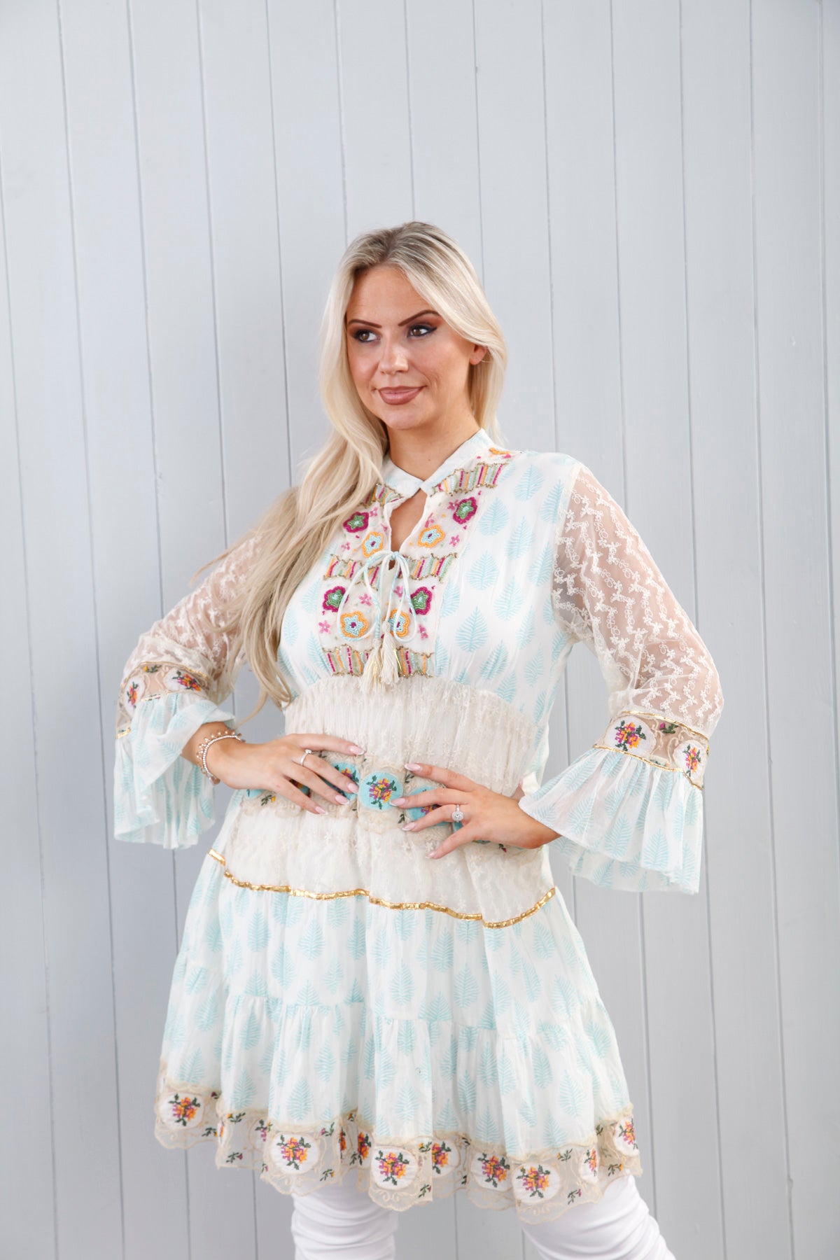 Yasmina Beaded Tunic Top Aqua Blue - Boho Chic Embroidered Blouse for Women - Perfect for Beach Vacations, Summer Parties & Casual Outings