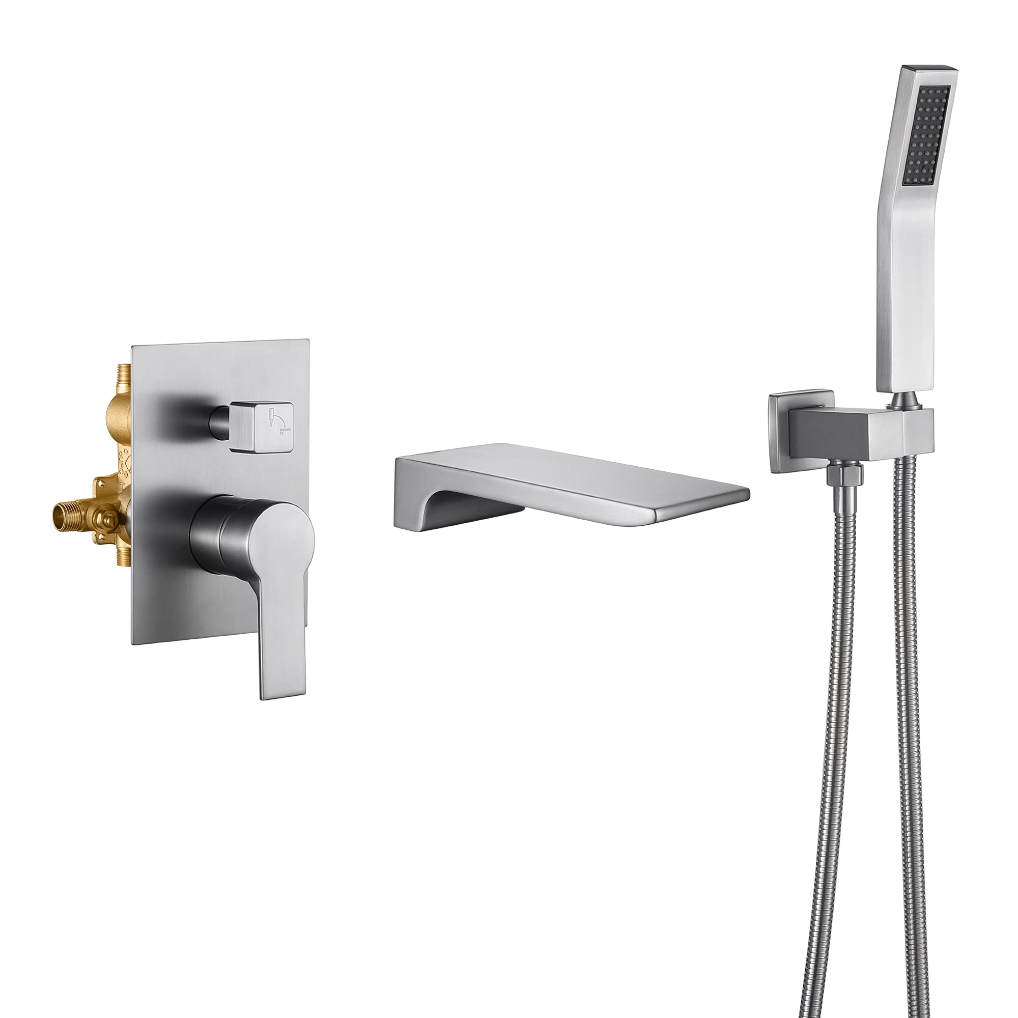 SHAMANDA Modern Waterfall Wall Mounted Bathtub Faucet with Hand Shower - Single Handle Brass Tub Shower Faucet Set (Includes Rough-In Valve Body & Trim) in Brushed Nickel Finish - Perfect for Spa-Like Bathroom Renovations and Luxury Home Upgrades