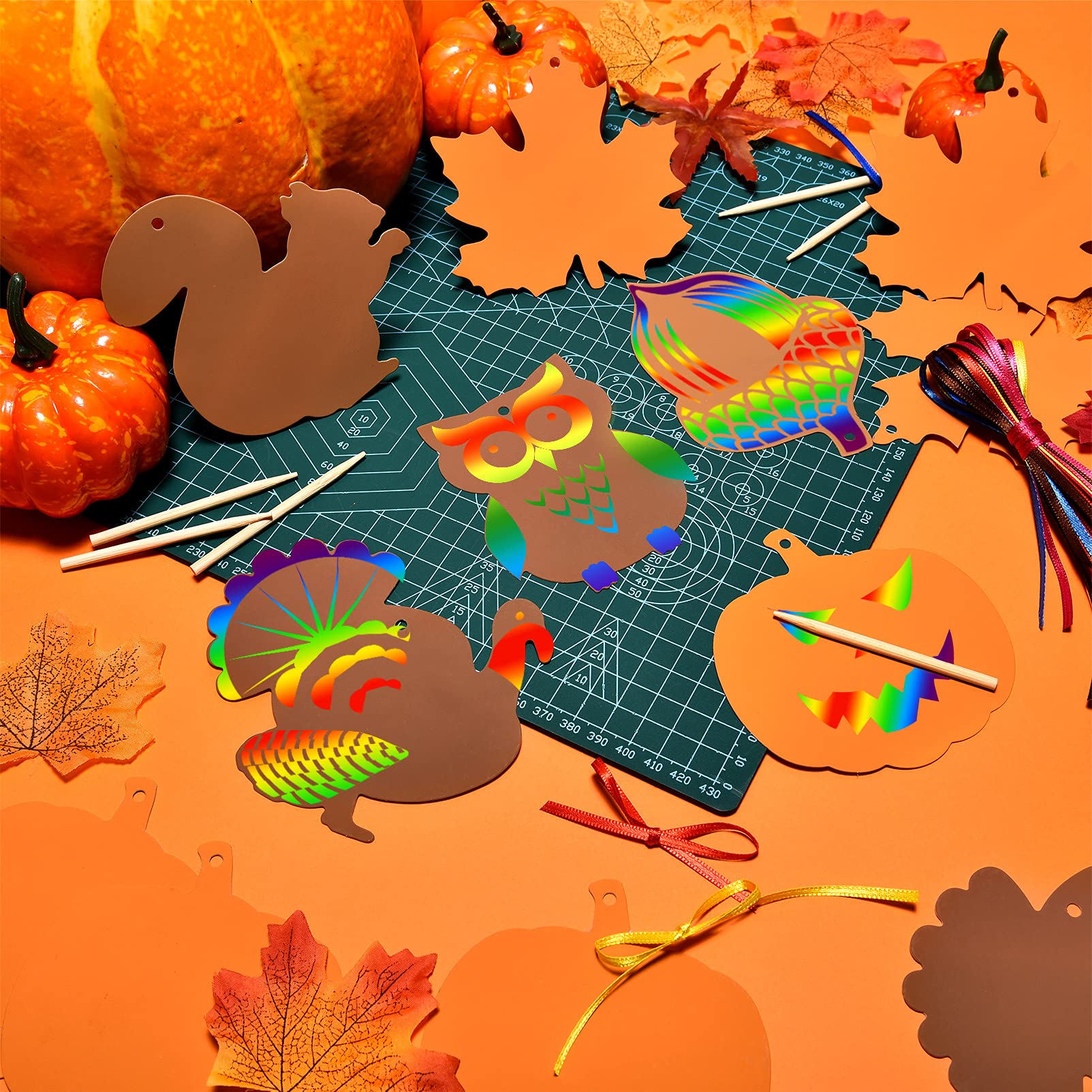60-Piece Fall Thanksgiving Scratch Art Cards for Kids - Pumpkin, Autumn Leaves, Turkey, Squirrel & Rainbow Designs | DIY Craft Supplies for Classroom, Birthday Party & Holiday Decorations | Fun Autumn Activity & Thanksgiving Party Favors
