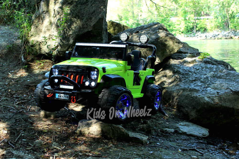 Jeep Wrangler 12V Ride On Car for Kids - 2 Seater Electric Toy Vehicle in Lime Green - Perfect for Outdoor Play & Backyard Adventures
