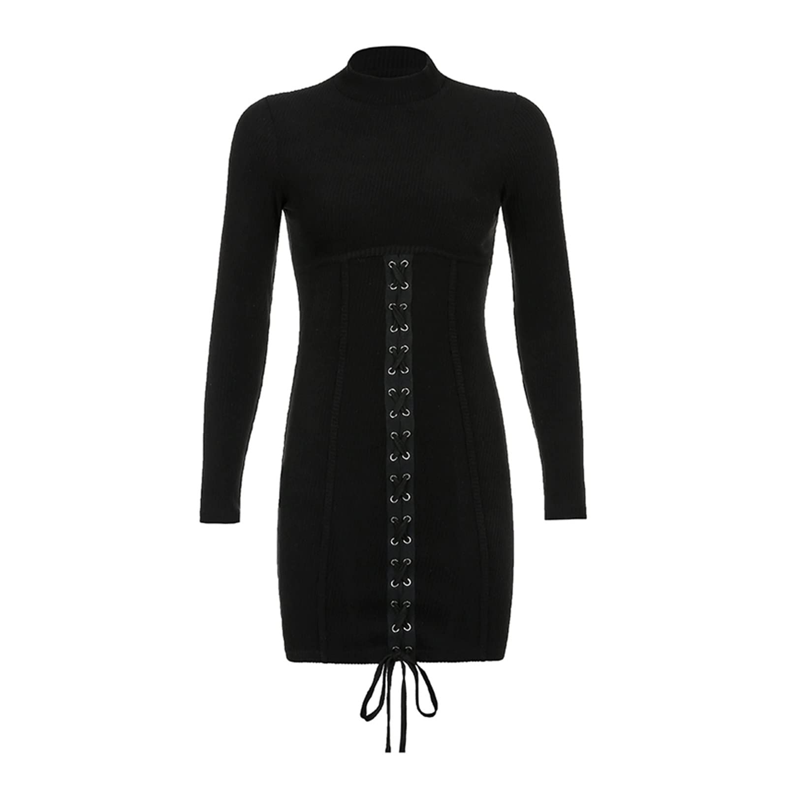 Women's Bodycon Knit Mini Dress with Tie-Up Bandage Design - Long Sleeve Slim Fit Casual Dress for Night Out, Party, or Date Night