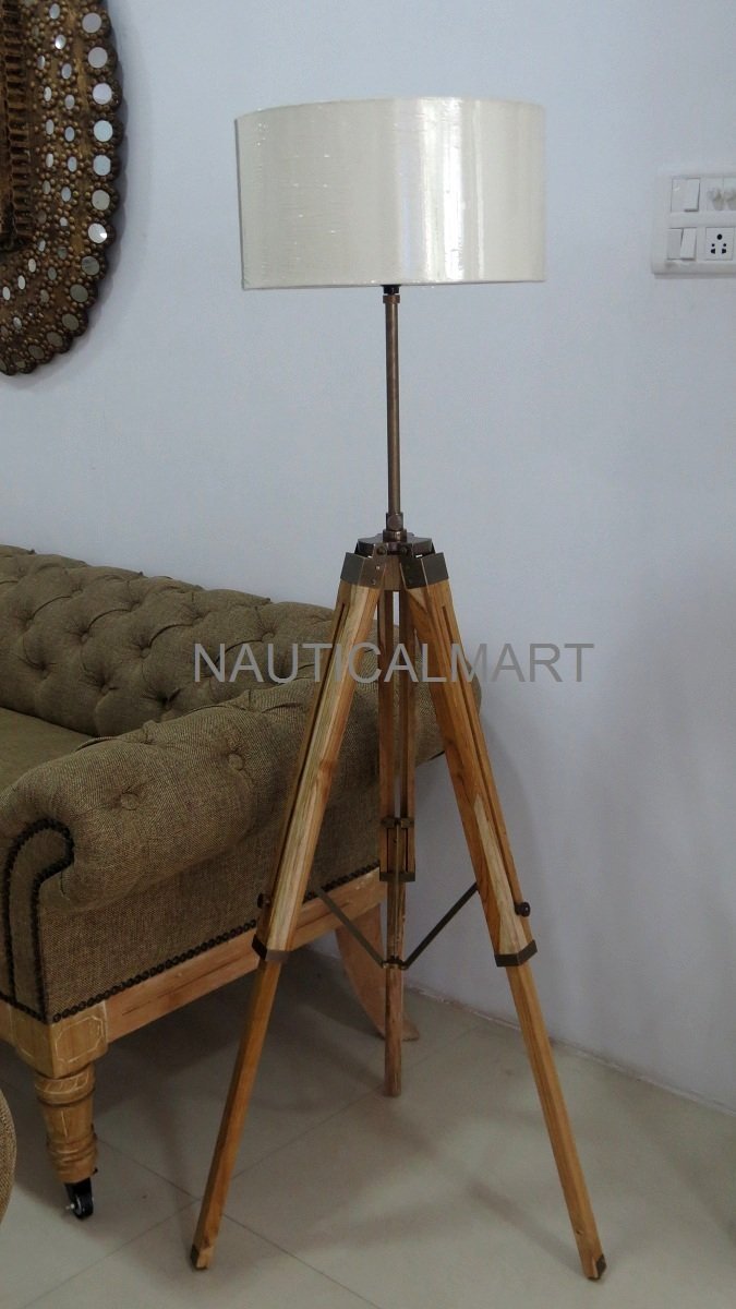 Vintage Brown Wooden Tripod Floor Lamp for Living Room - Antique Finish, Adjustable Height, Perfect for Reading Nook, Bedroom, or Office Decor