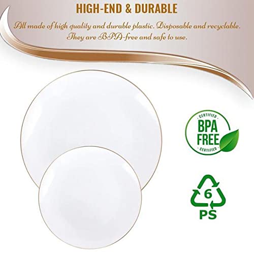 Eco-Friendly Disposable Plastic Plates with Elegant Rim Design - Bulk Round Dinnerware Set for Wedding, Birthday Party & Special Events (White & Gold, 120-Piece Combo) - Perfect for Outdoor Gatherings, Catering & Large Celebrations