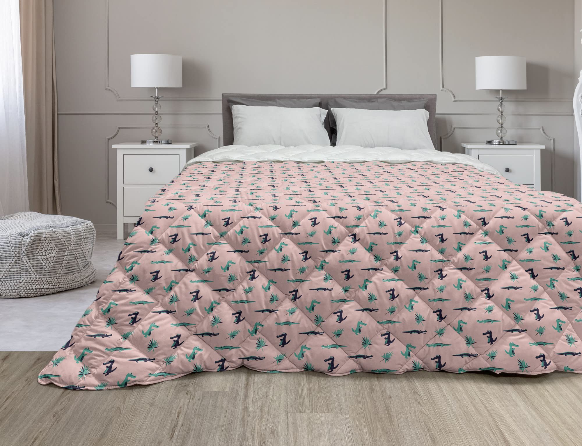 Ambesonne Dinosaur & Crocodile Pattern Down Alternative Comforter - Funny Reptile Animal Evolution Design, Soft Microfiber All-Season Quilt, Full Size in Blush Dark Seafoam - Perfect for Kids' Rooms, Dorm Decor & Jurassic Themed Bedrooms