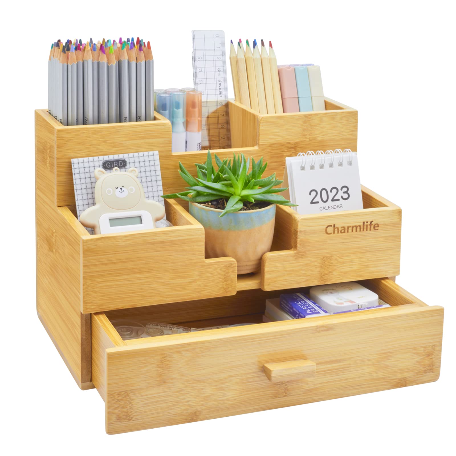 Bamboo Desk Organizer with Drawers - Makeup Storage, Pen & Pencil Holder, Marker Organizer for Office & Home Workspace - Perfect for Desk Organization, School Supplies & Beauty Accessories Storage