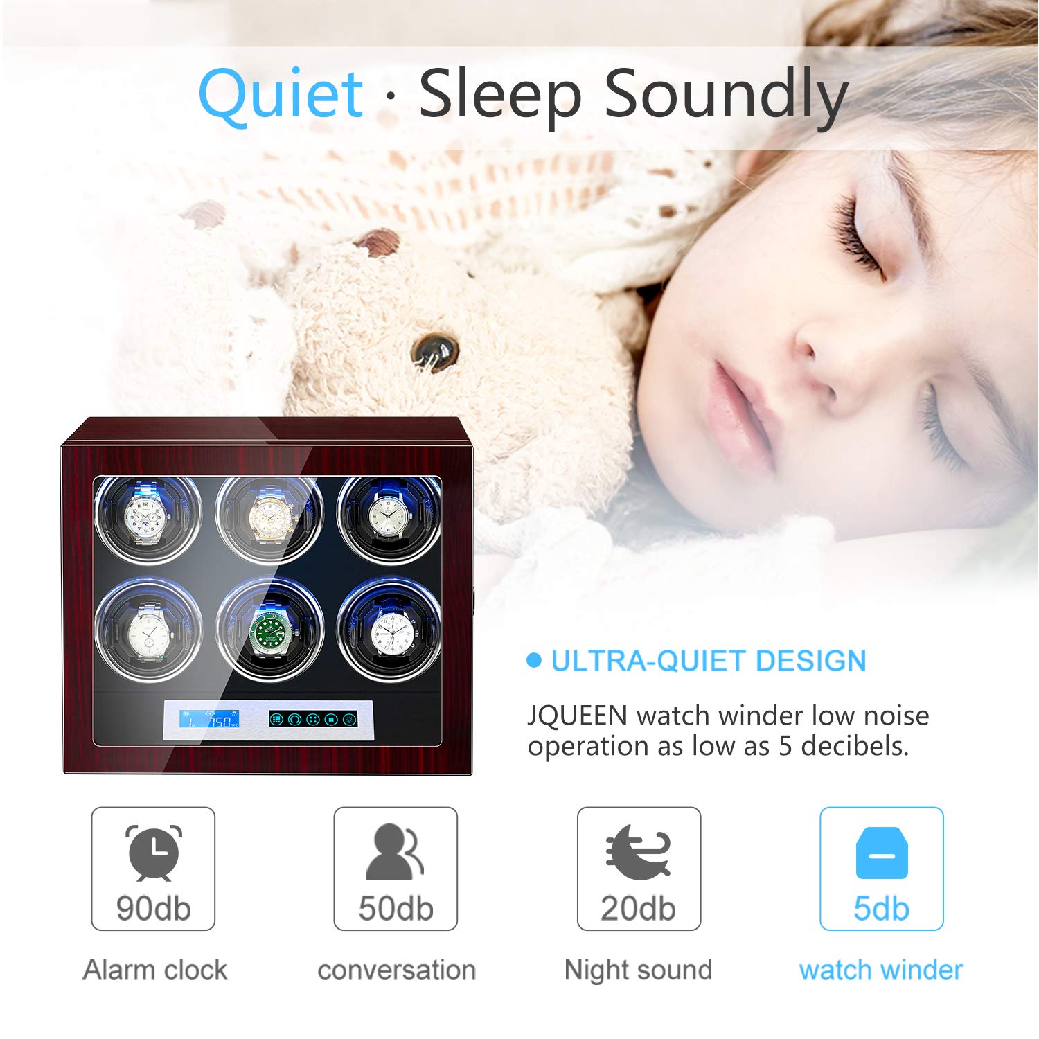JQUEEN 6 Watch Winder with Piano Finish & High-Gloss Lacquer - Adjustable Watch Pillows, Quiet Japanese Mabuchi Motor, Built-in LED Light - Perfect for Automatic Watch Collection, Display & Storage at Home/Office