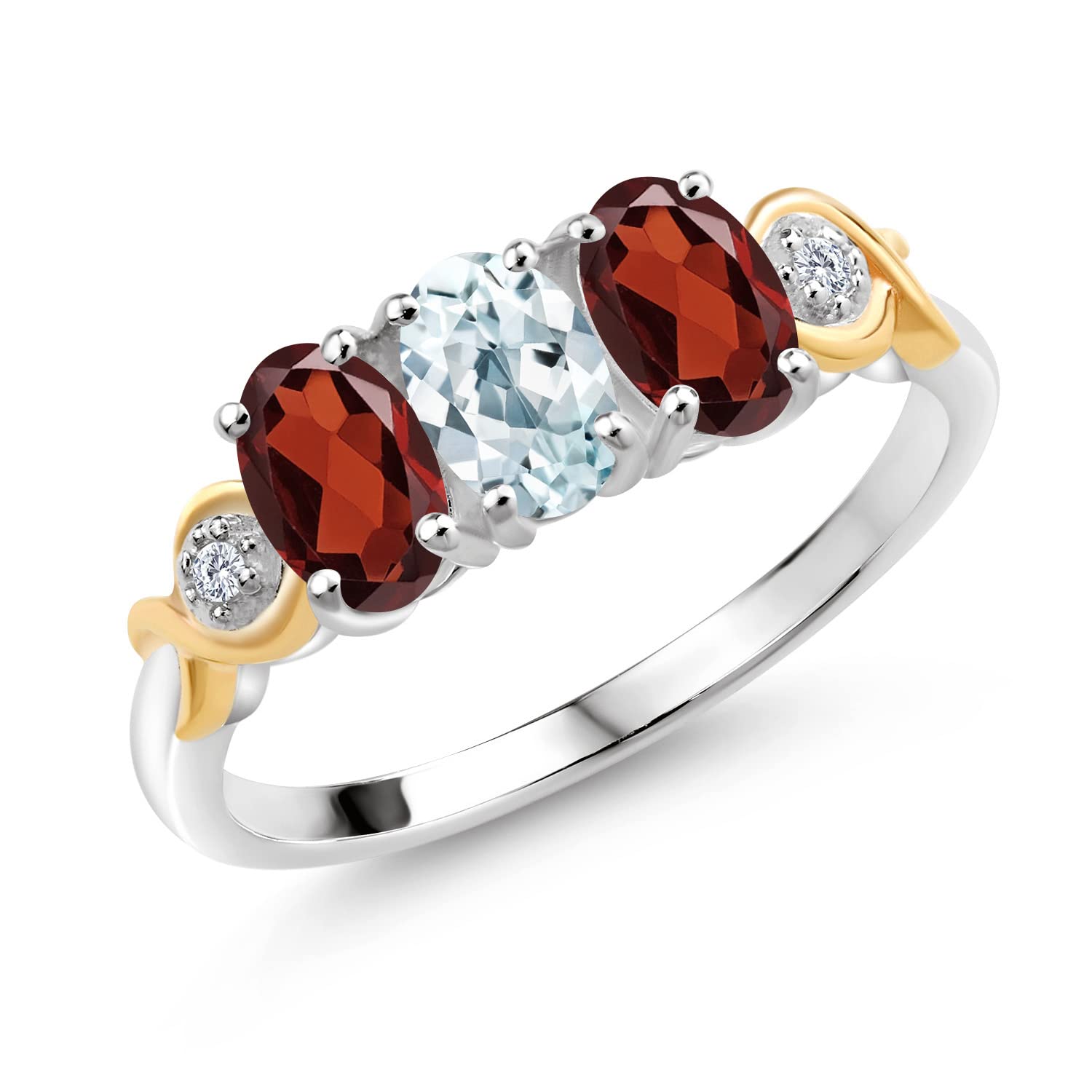 1.66 Ct Oval Sky Blue Aquamarine & Red Garnet Ring in 925 Sterling Silver & 10K Yellow Gold | Gem Stone King | Elegant Bridal Jewelry, Anniversary Gift, Women's Fashion Statement