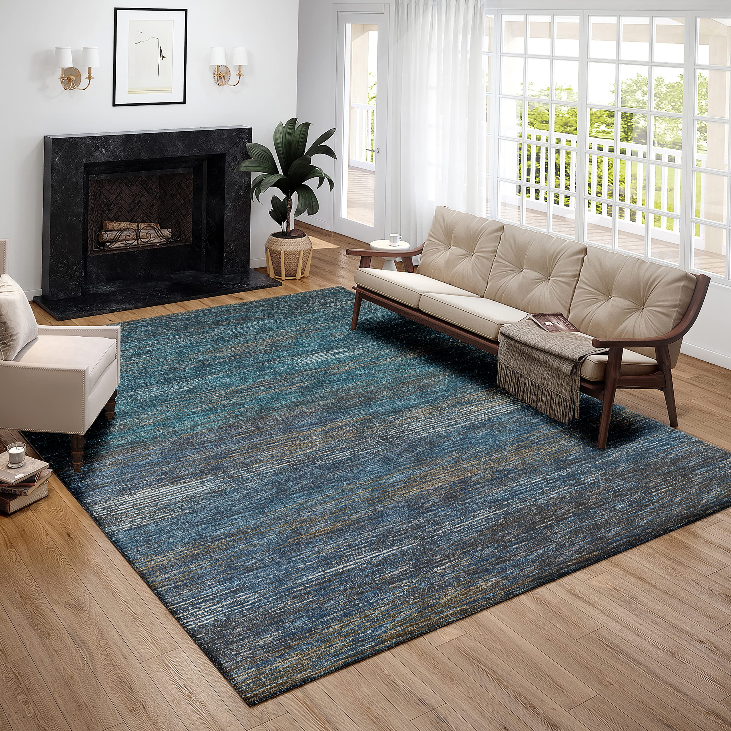 Addison Rugs Marston 9' x 12' Transitional Blue Indoor/Outdoor Area Rug - Stain Resistant, Machine Washable, Non-Shedding - Perfect for Bedroom, Living Room, Dining Room & Kitchen Decor