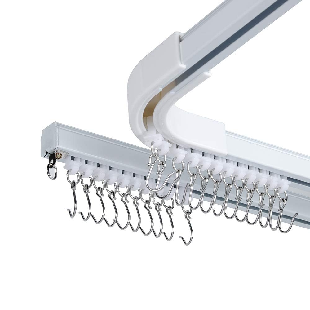 Ceiling Mount Curtain Track System - 12 to 18 ft Room Divider with Hooks, Corner Connectors & Brackets (Set of 2, White) - Perfect for Home Office, Studio Apartments and Room Partitioning