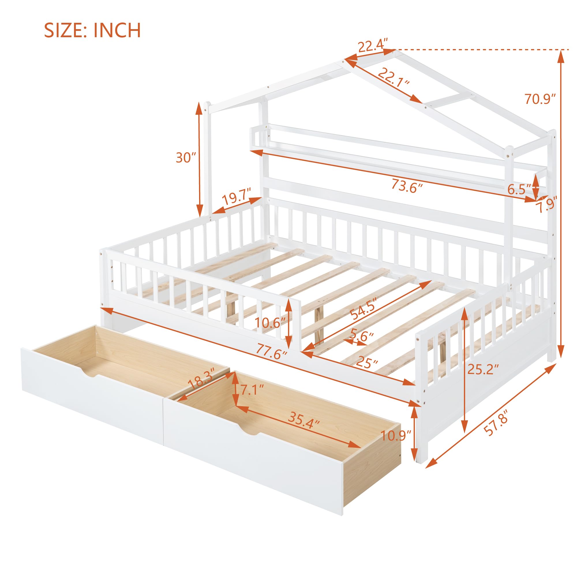 DEINPPA Full House Wooden Bed Frame for Kids with Drawers, Shelf & Safety Guardrails - No Box Spring Needed - Decorative Roof Design - Ideal for Boys, Girls, Toddlers & Children's Bedrooms (White) - Perfect for Small Spaces & Themed Kids' Rooms