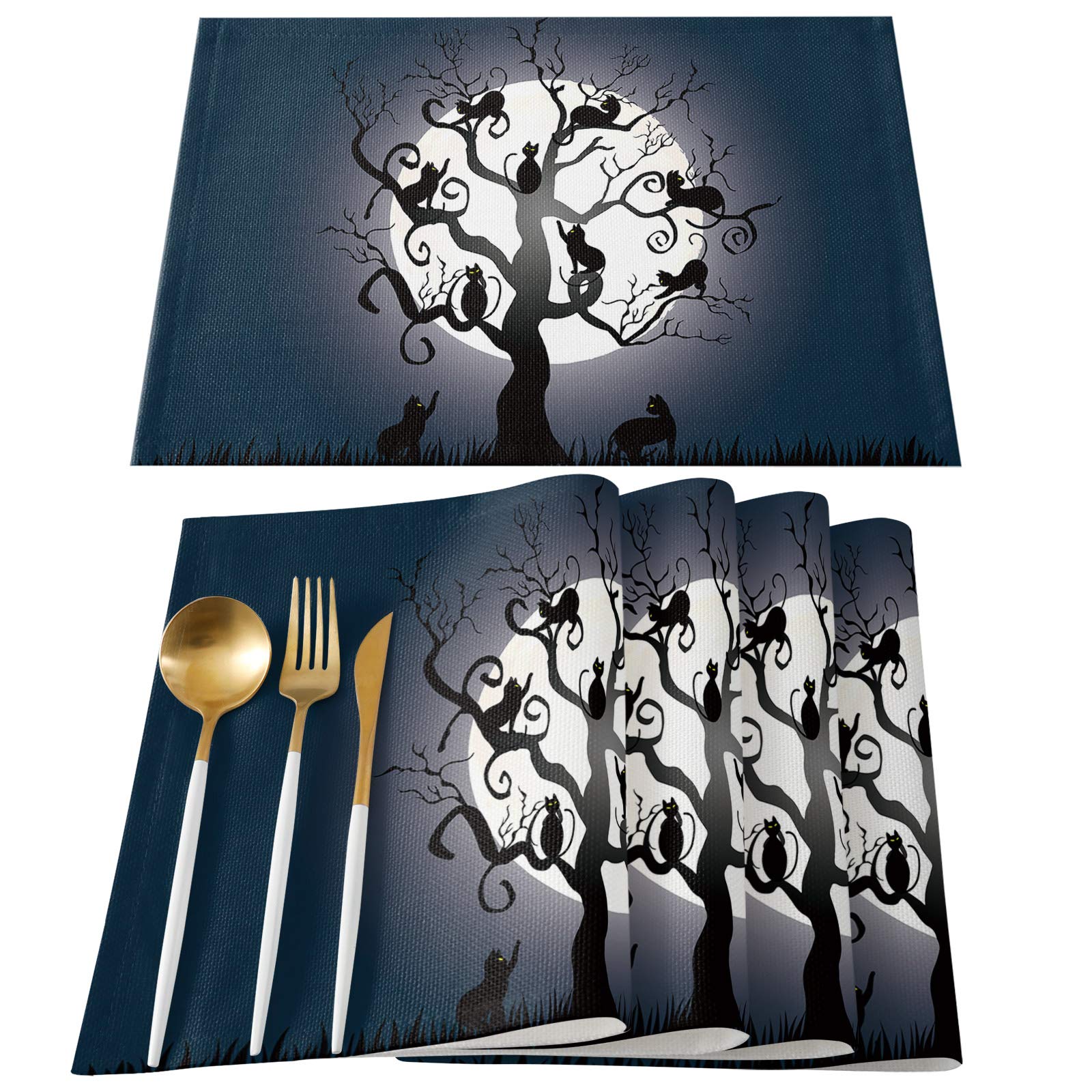 4-Pack Cotton Linen Placemats - Halloween Midnight Full Moon Tree with Black Cat Design | Non-Slip, Washable & Heat-Resistant | Perfect for Kitchen, Dining Table & Home Decor | Great for Halloween Parties, Thanksgiving Dinner & Everyday Use