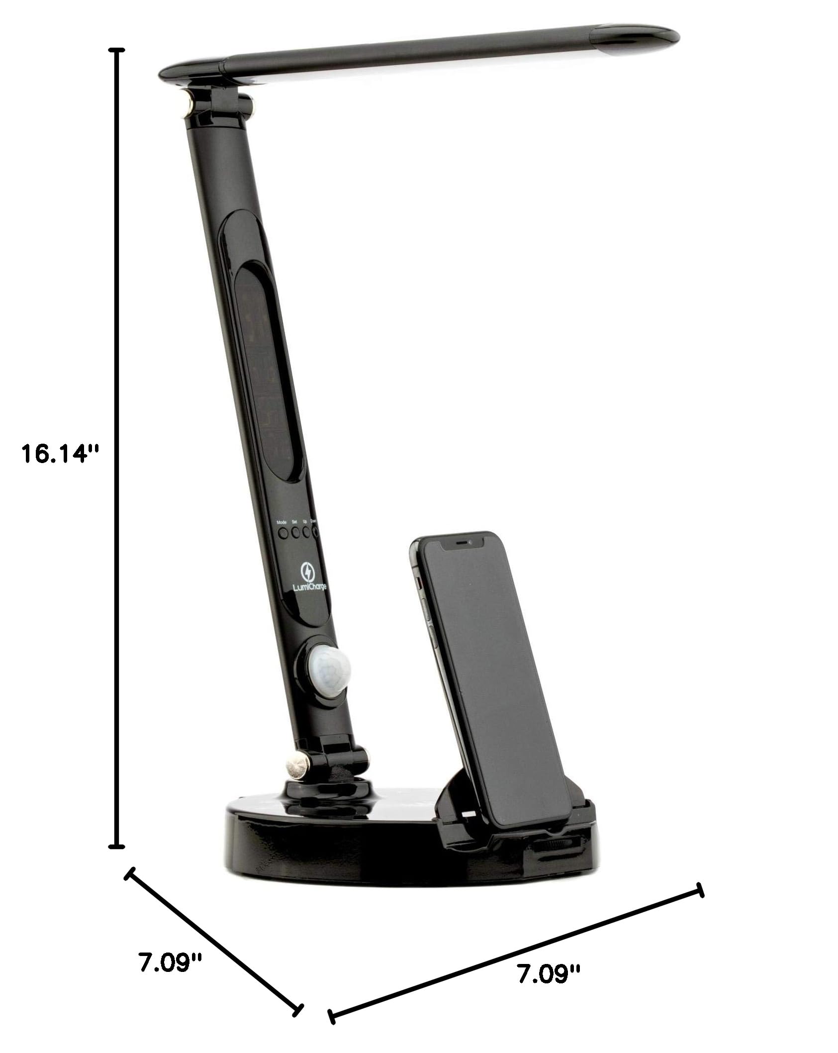 LumiCharge LED 6-in-1 Desk Lamp with Qi Wireless Charger - 10W Fast Charging Pad, Touch Control, Motion Sensor Light, Digital Clock Display | Universal Compatibility for Smartphones & Smartwatches | Modern Black | Perfect for Home Office, Bedroom Nightstand & Workspace Lighting
