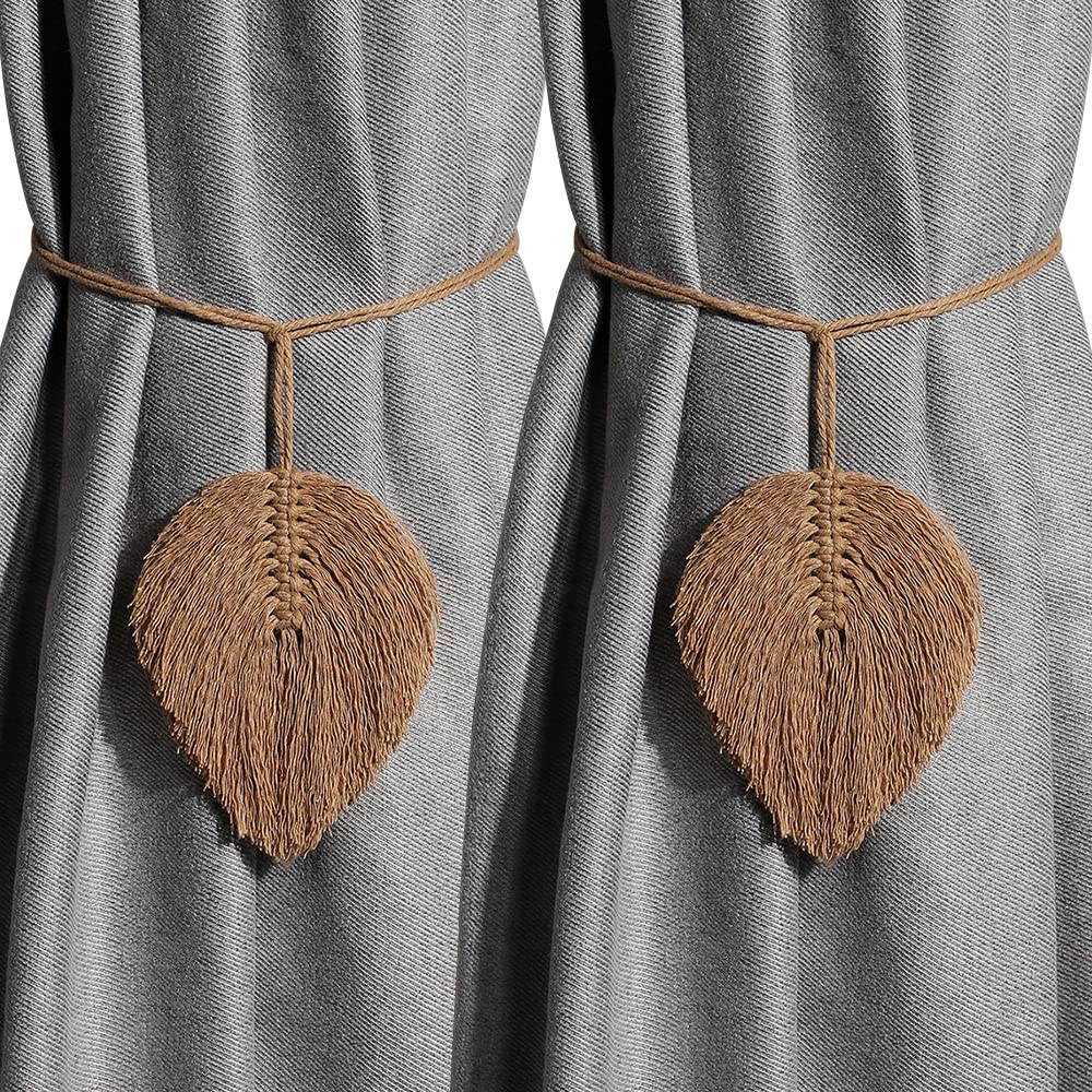 2 Pack Handmade Farmhouse Curtain Tiebacks - Bohemian Cotton Rope Drapery Holdbacks for Windows, Hand-Woven Leaf Brown Curtain Holdbacks for Living Room, Bedroom & Home Decor
