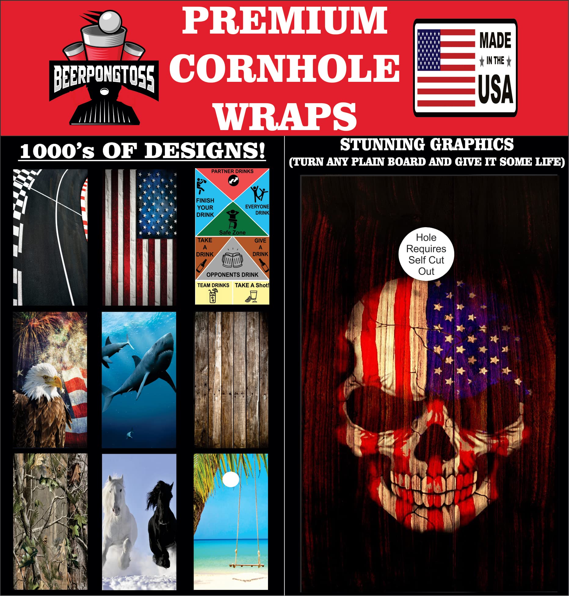Premium Cornhole Board Wraps & Decals Set of 2 - Customizable Cornhole Skins & Durable Board Covers for Outdoor Games, Tailgating, Backyard Parties & Cornhole Tournaments