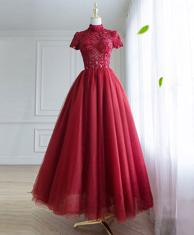 Elegant Burgundy Tulle Lace Long Prom Dress for Women - Romantic Evening Gown for Formal Events, Homecoming, Wedding Guest & Special Occasions