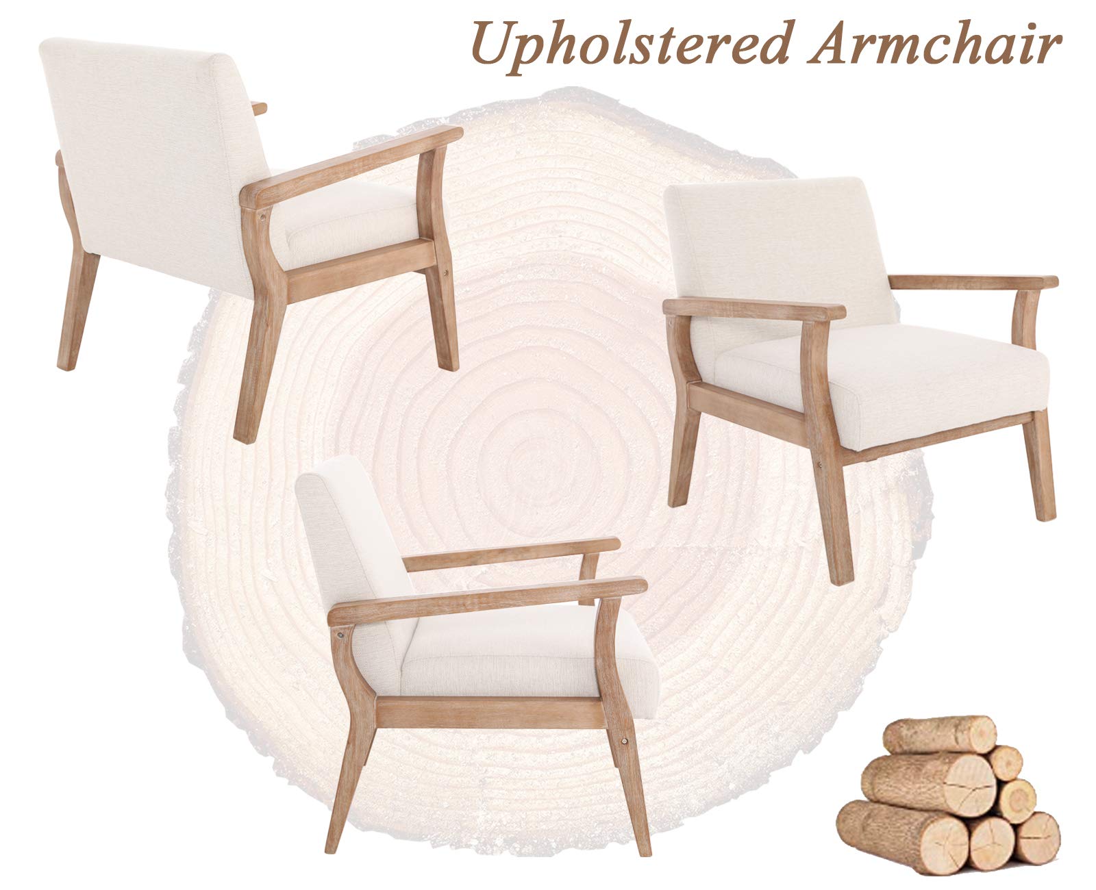 Mid Century Modern Beige Accent Chair - Solid Wood Armchair with Linen Upholstery, Comfortable Sitting Chair for Living Room, Bedroom, Office - Cream Home Decor for Relaxation & Reading Nook