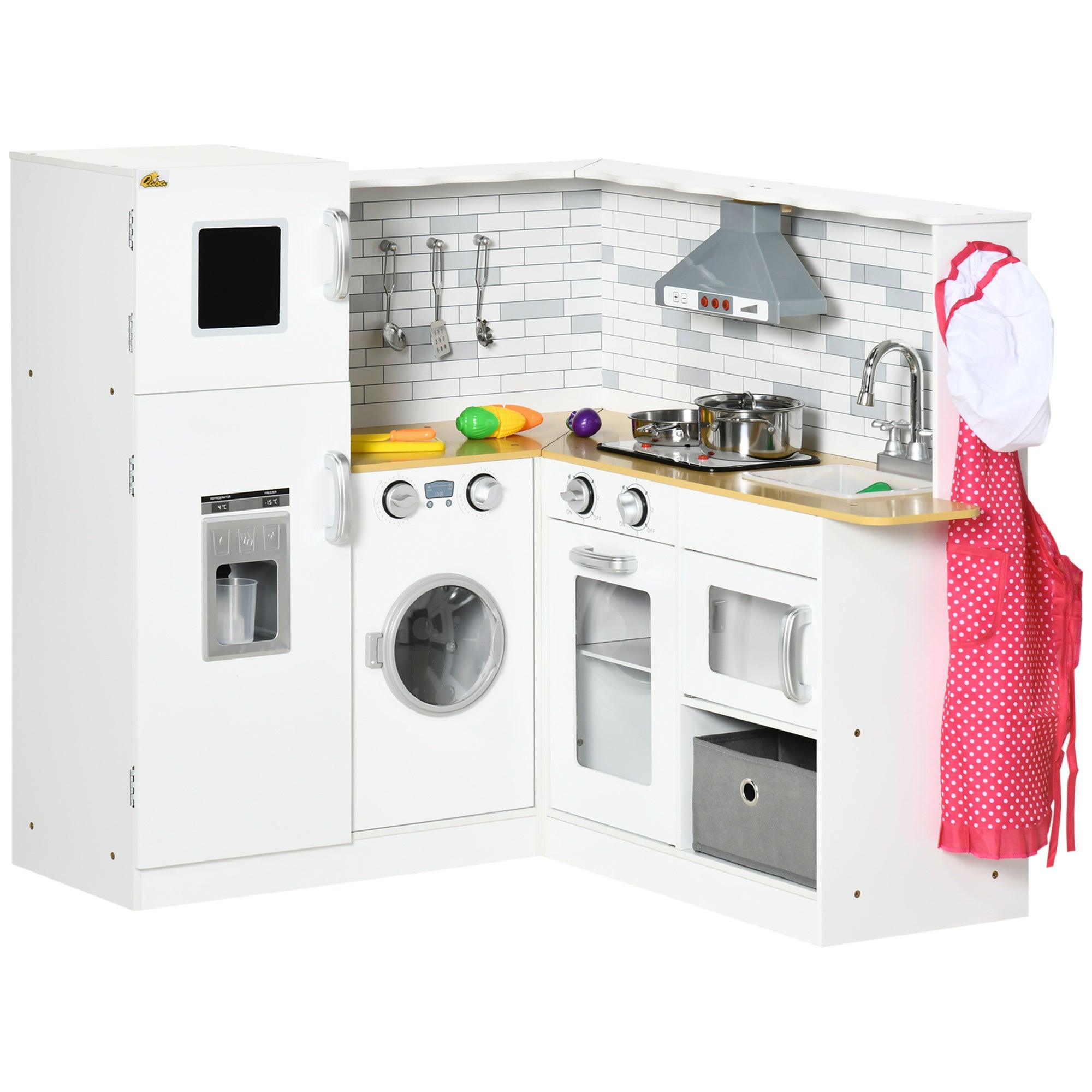 **Large Wooden Play Kitchen Set for Kids Ages 3-6 – Interactive Corner Kitchen with Sound Effects, Spacious Countertop, Washing Machine, Food Toys & Ice Maker – Perfect for Pretend Play, Birthday Gifts & Daycare Fun (White)**