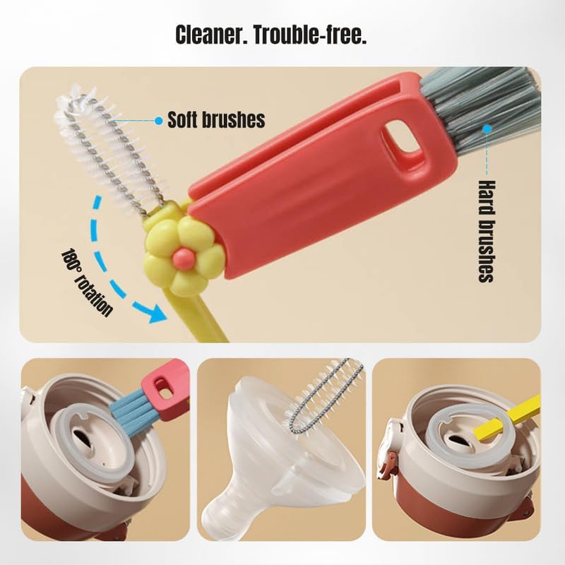 2024 New 4-in-1 Multifunctional Cleaning Brush Set - Bottle Brush, Crevice Cleaner, Cup Lid Scrubber & 360° Deep Clean Tool for Kitchen, Baby Bottles, Vases & Hard-to-Reach Areas | Portable Flower Crocodile Brush (A12)