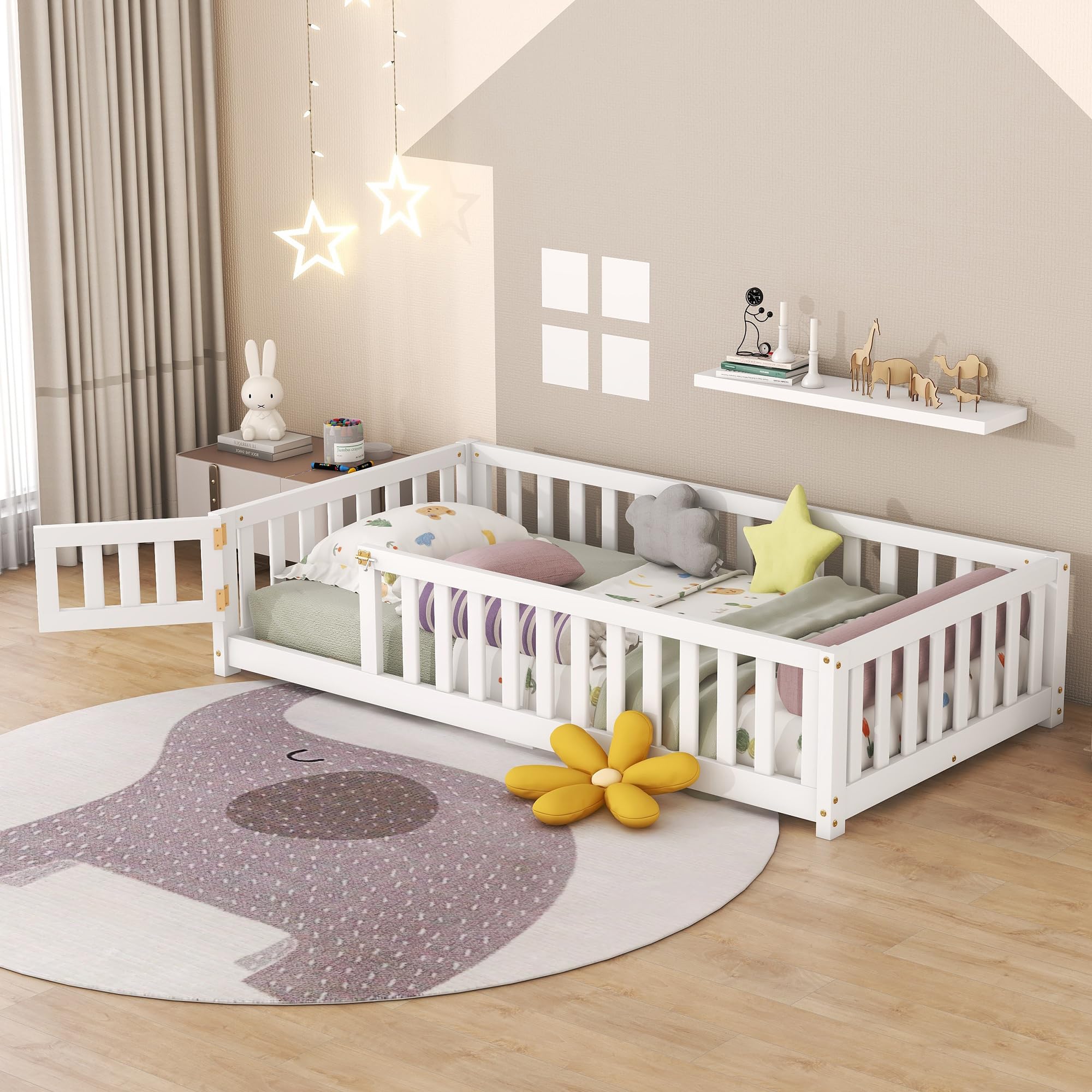 Montessori Floor Bed for Kids - Twin Size Wooden Playhouse Bed Frame with Safety Guardrails | Toddler Floor Bed for Boys & Girls | Independent Sleep Solution for Toddlers - Perfect for Montessori Rooms, Playrooms & Kids' Bedrooms