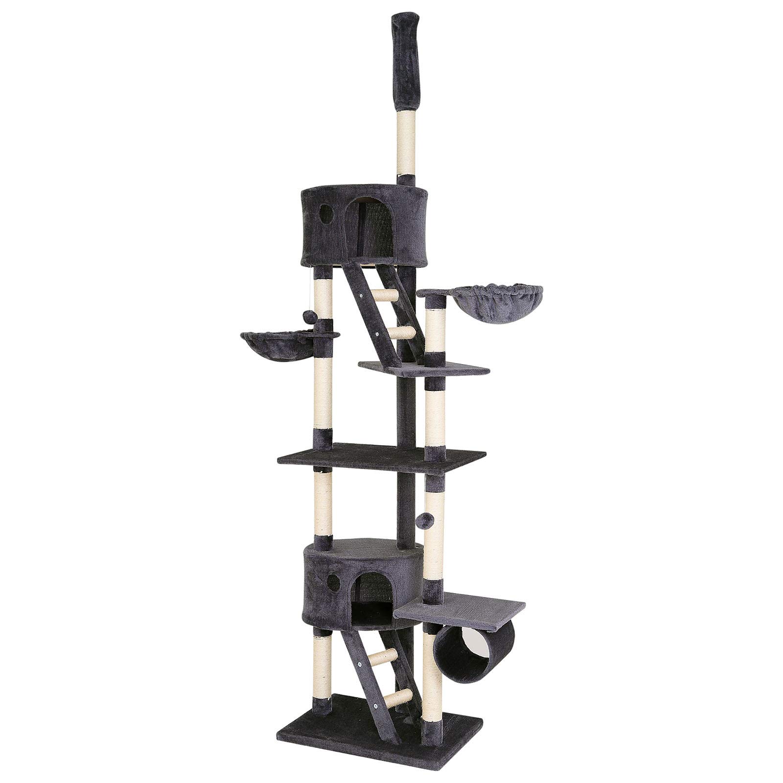 XXL Cat Scratching Tree with Sisal & Plush - 90.6 to 98.4 Inch Tall Cat Tower with Balls, Bells, Hammocks, Tunnels & Caves - Perfect for Small & Large Cats in Dark Gray - Ideal for Indoor Play, Climbing & Relaxation