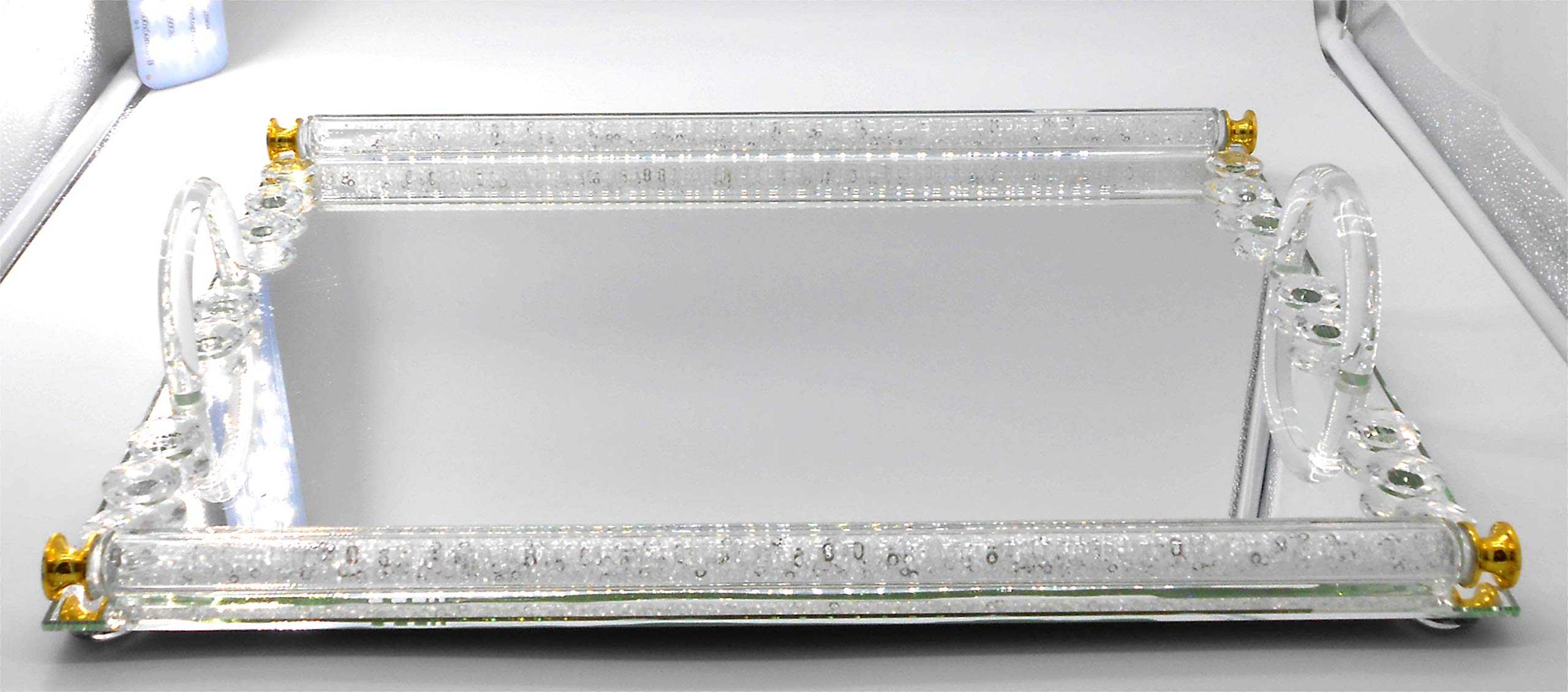 Elegant Rectangle Mirrored Crystal Tray - 15” x 10” x 3” Vanity Organizer for Makeup, Jewelry & Perfume | Decorative Dresser Tray for Cosmetics, Skincare & Cookies | Luxury Home Decor & Gift Idea